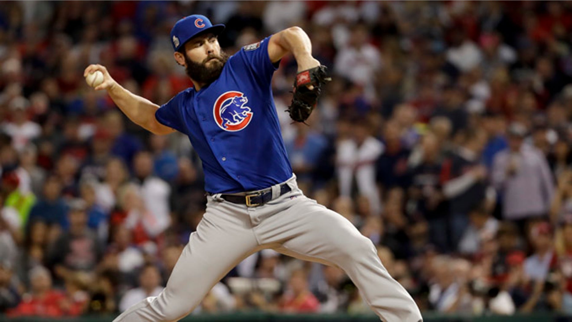 Jake Arrieta during the first inning of Game 6 of the MLB World Series Tuesday, Nov. 1, 2016, in Cleveland.