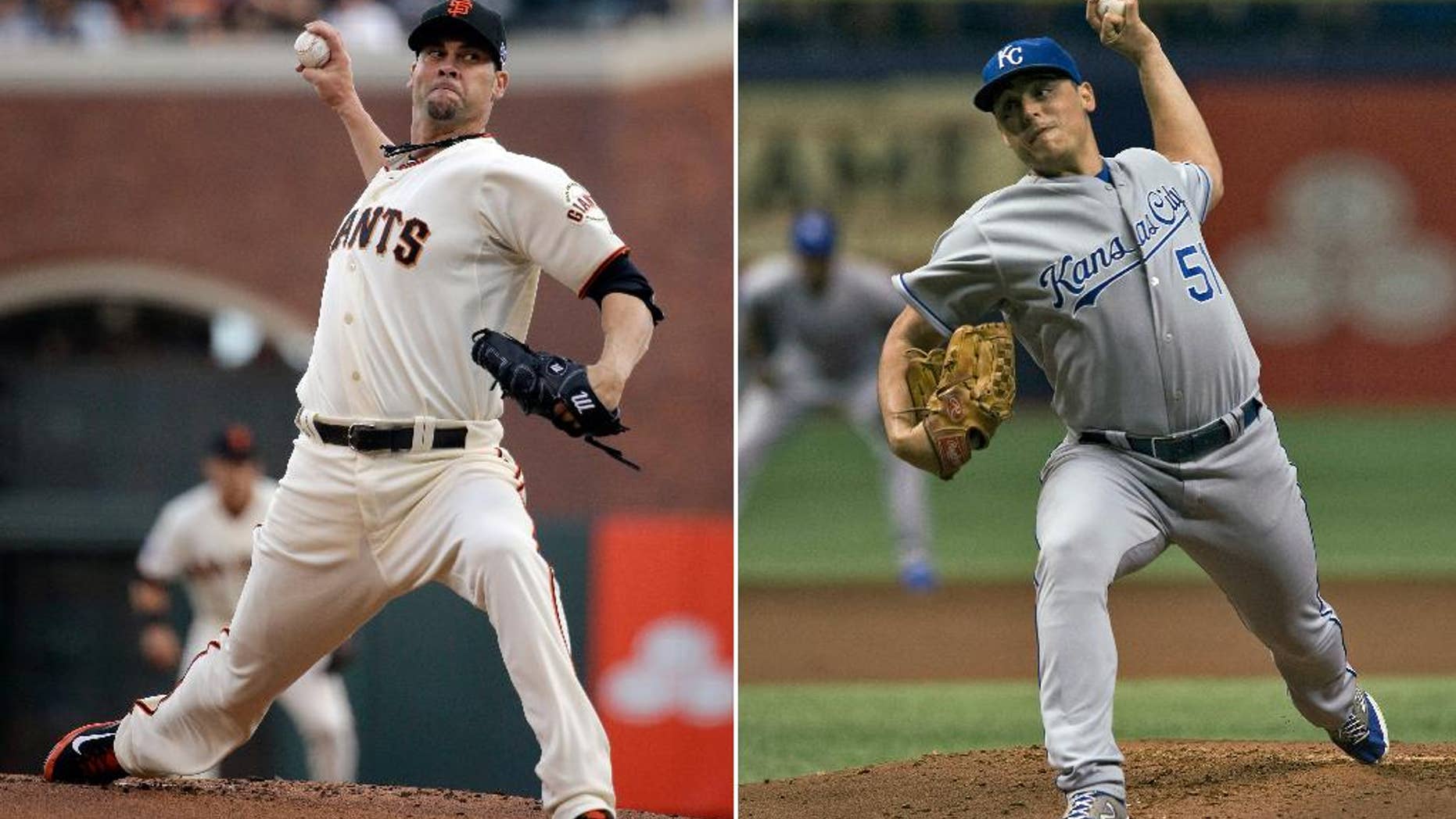 FILE - At left, in an Oct. 15, 2014, file photo, San Francisco Giants' Ryan Vogelsong throws against the St. Louis Cardinals during the first inning of Game 4 of the National League baseball championship series in San Francisco. At right, in a July 8, 2014, file photo, Kansas City Royals' Jason Vargas pitches against the Tampa Bay Rays during the first inning of a baseball game in St. Petersburg, Fla. Vargas faces Vogelsong in Game 4 of baseball's World Series Saturday night, Oct. 25, 2014, in San Francisco. (AP Photo/File)