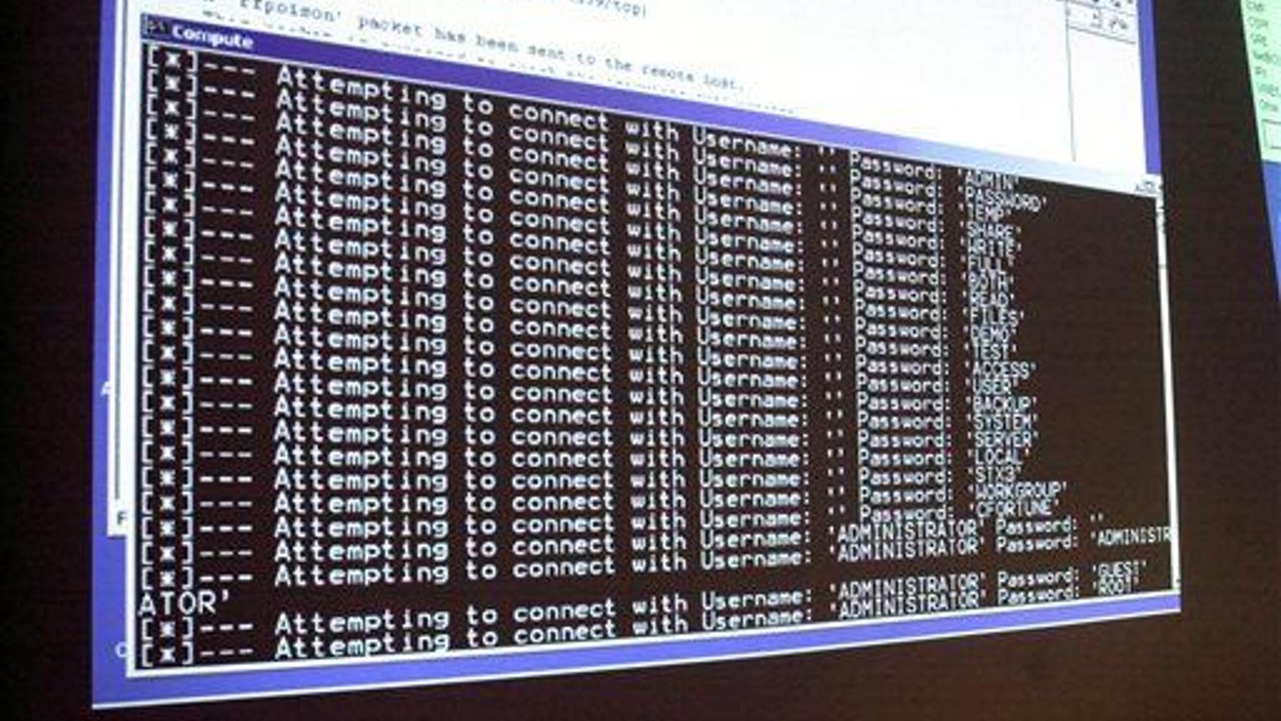 In this Thursday, Jan. 10, 2002, file photo, a computer screen shows a password attack in progress at the Norwich University computer security training program in Northfield, Vt.