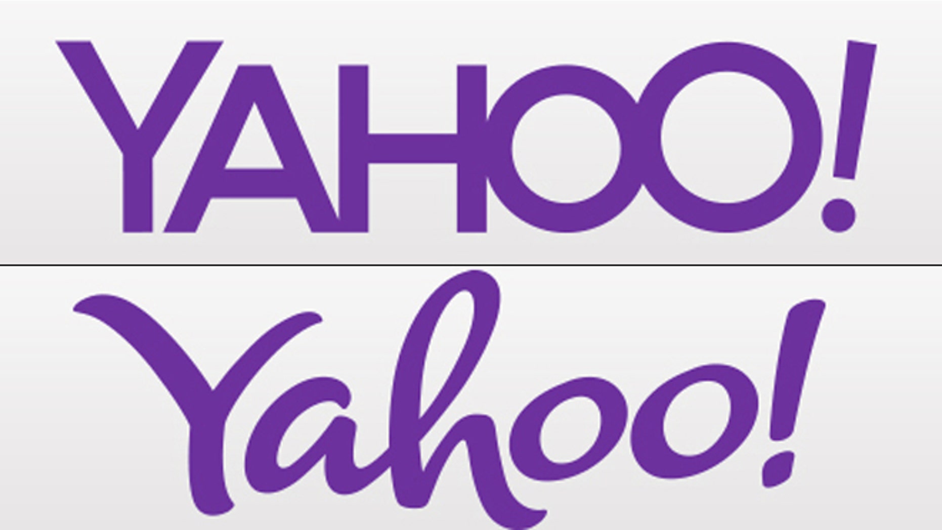 The first two proposed new logos for Yahoo, which plans to unveil a new logo every day for 30 days before settling on a final version.