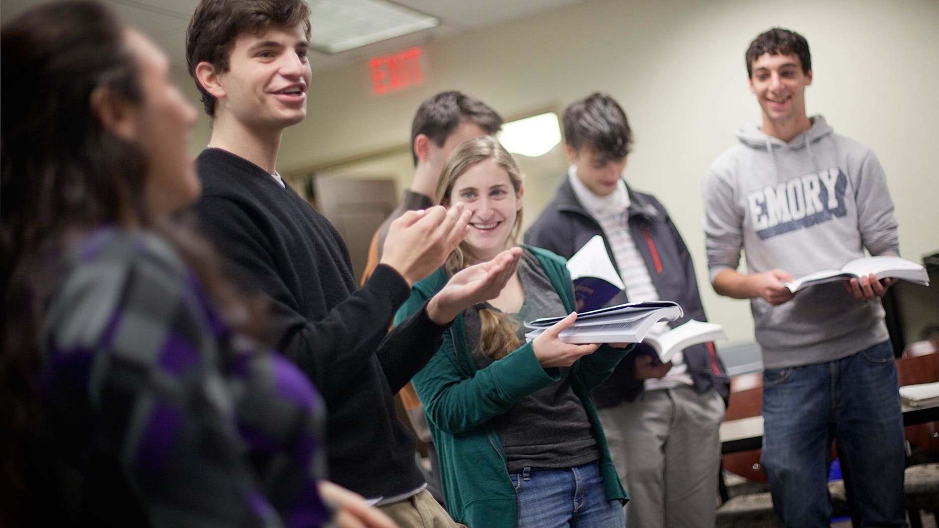 November 10: Matthew Birnbaum, 19, left, leads a class in singing a song during a Yiddish class at Emory University in Atlanta.