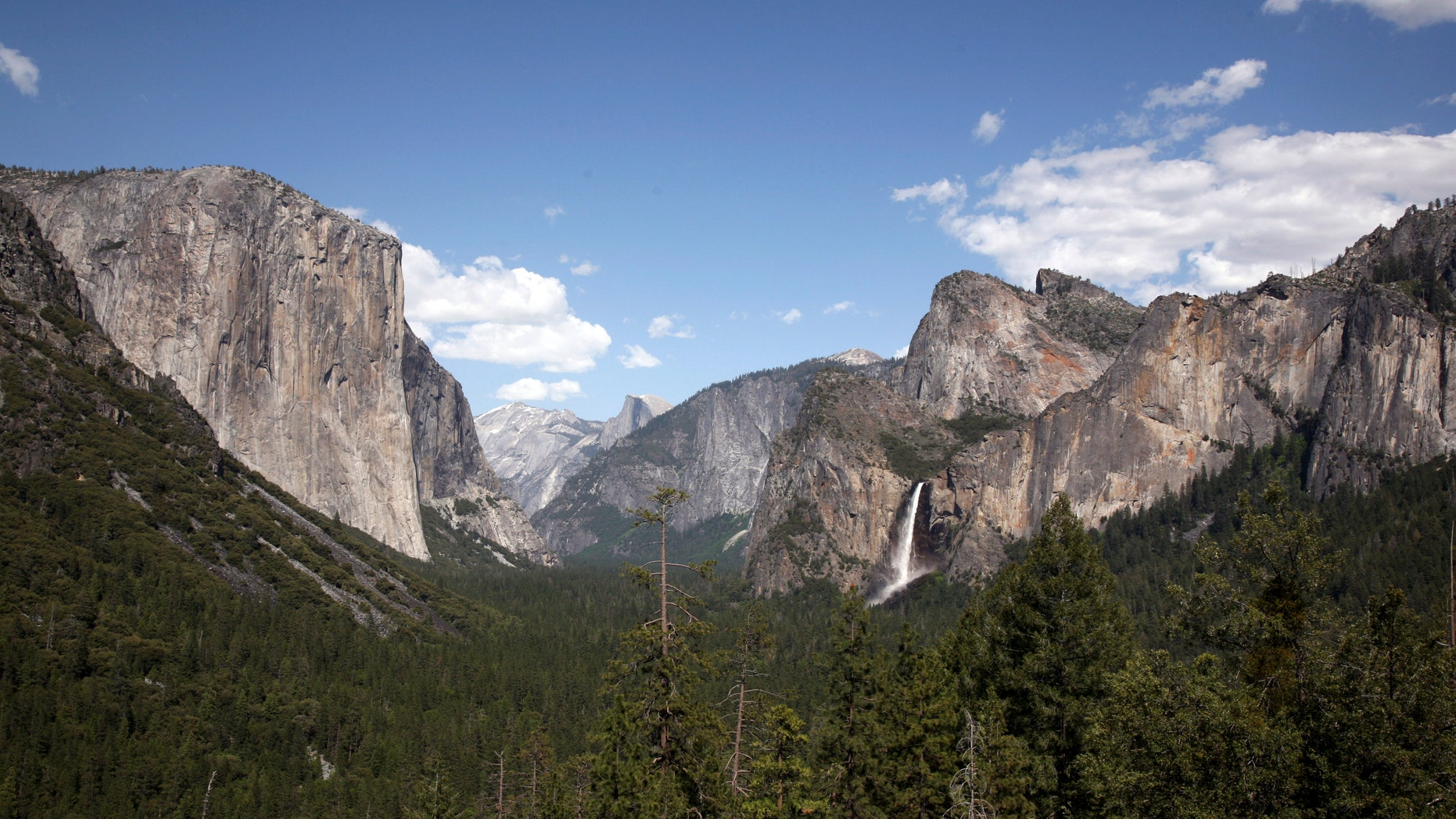 May 17, 2009: Water cascades from Bridalveil Fall from Tunnel View in Yosemite National Park, California.
