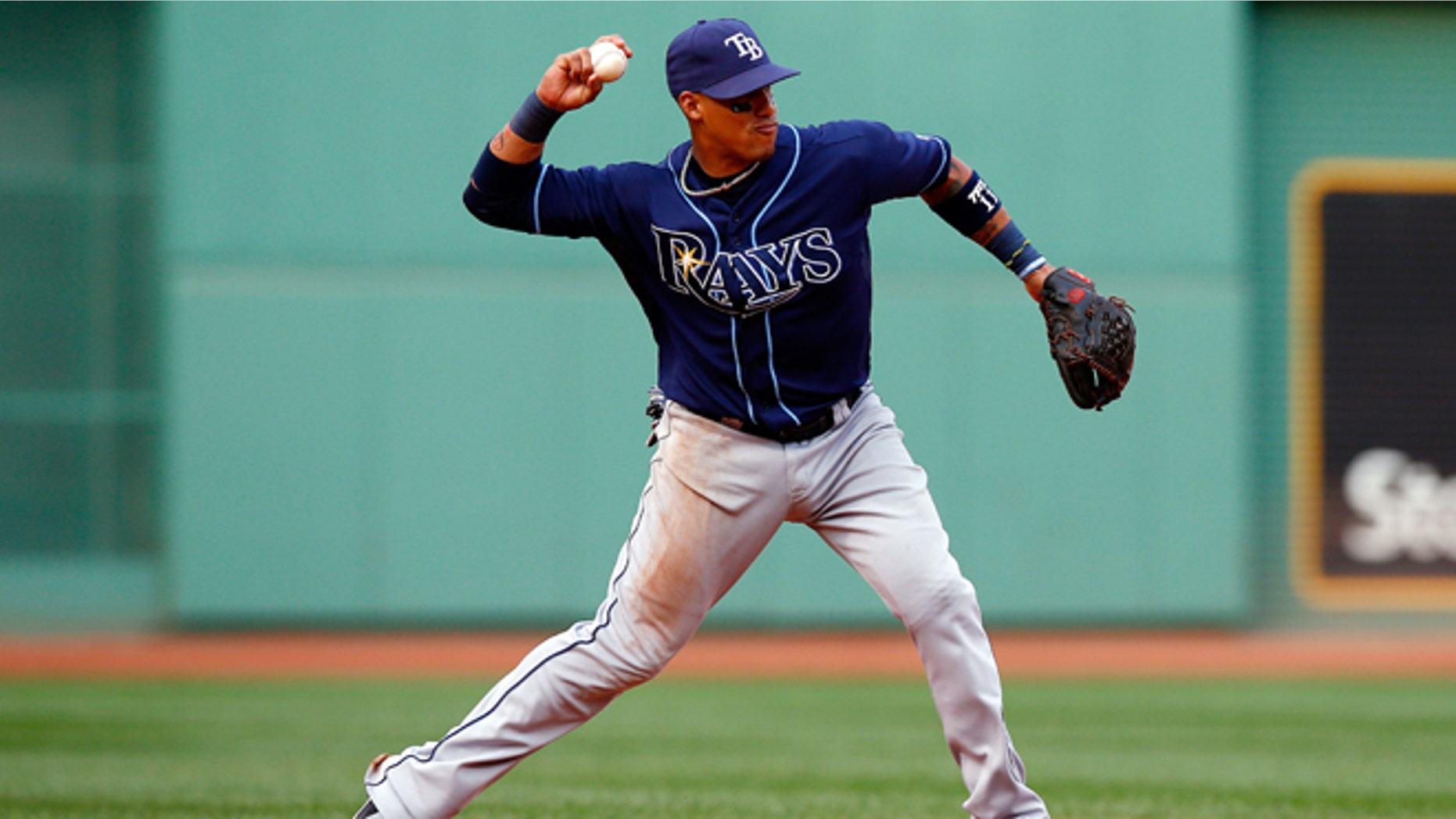 BOSTON, MA - OCTOBER 04: Yunel Escobar #11 of the Tampa Bay Rays throws to first base against the Boston Red Sox during Game One of the American League Division Series at Fenway Park on October 4, 2013 in Boston, Massachusetts. (Photo by Jared Wickerham/Getty Images)