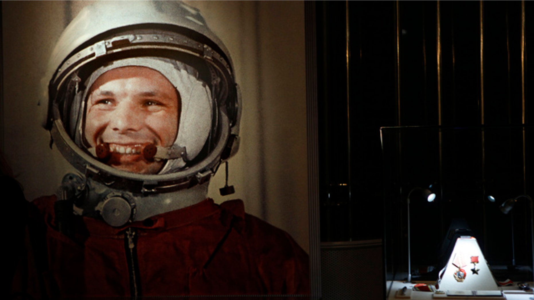An undated portrait of the first man in space, Yuri Gagarin, and his award of the Hero of the Soviet Union, at right, part of an exhibition dedicated to the 50th anniversary of the first man in space, in Moscow, Russia, Monday, April 11, 2011.