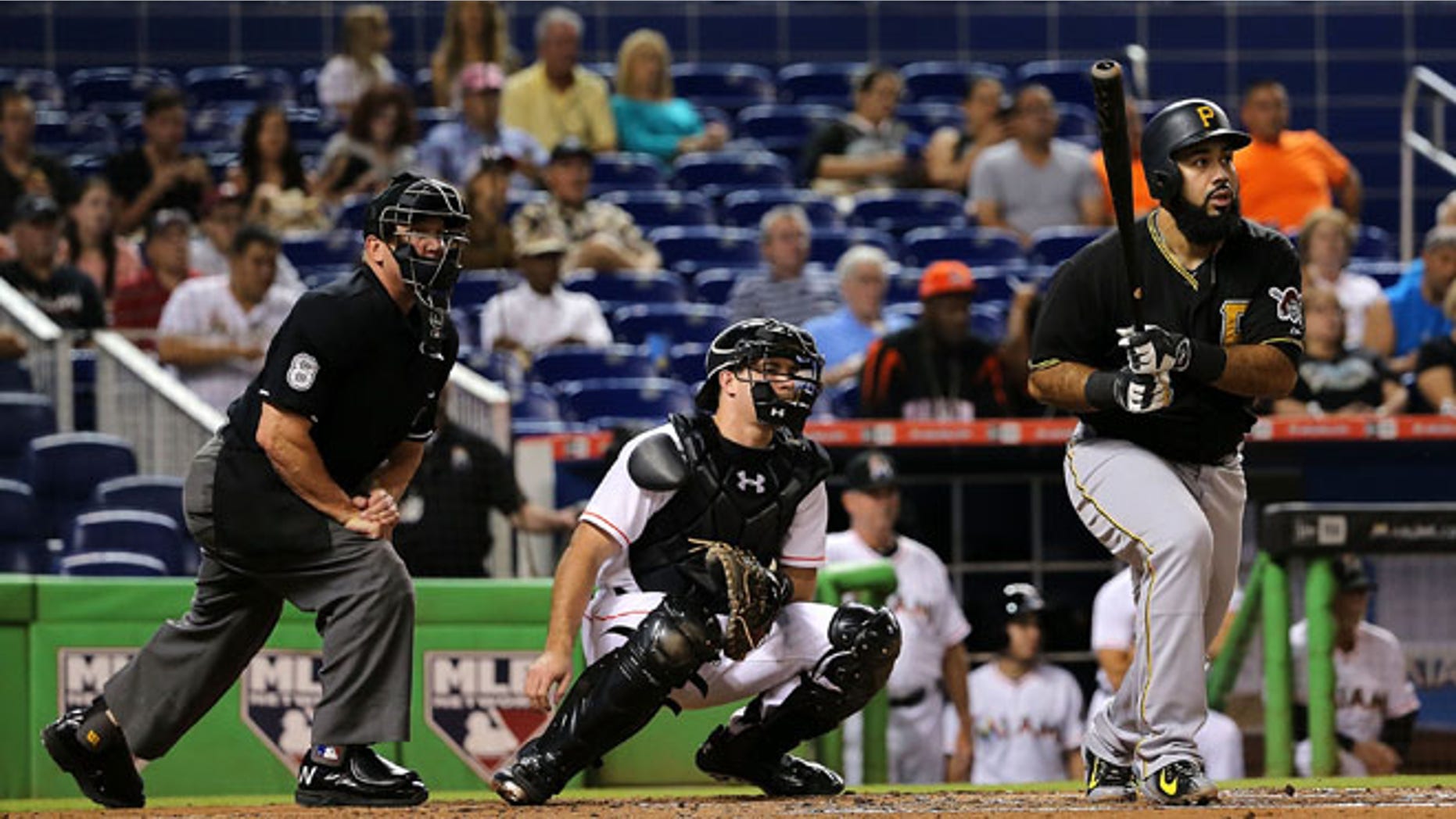 Pedro Alvarez #24 of the Pittsburgh Pirates reacts to flying out during a game against the Miami Marlins at Marlins Park on August 24, 2015 in Miami, Florida. (Photo by Mike Ehrmann/Getty Images)