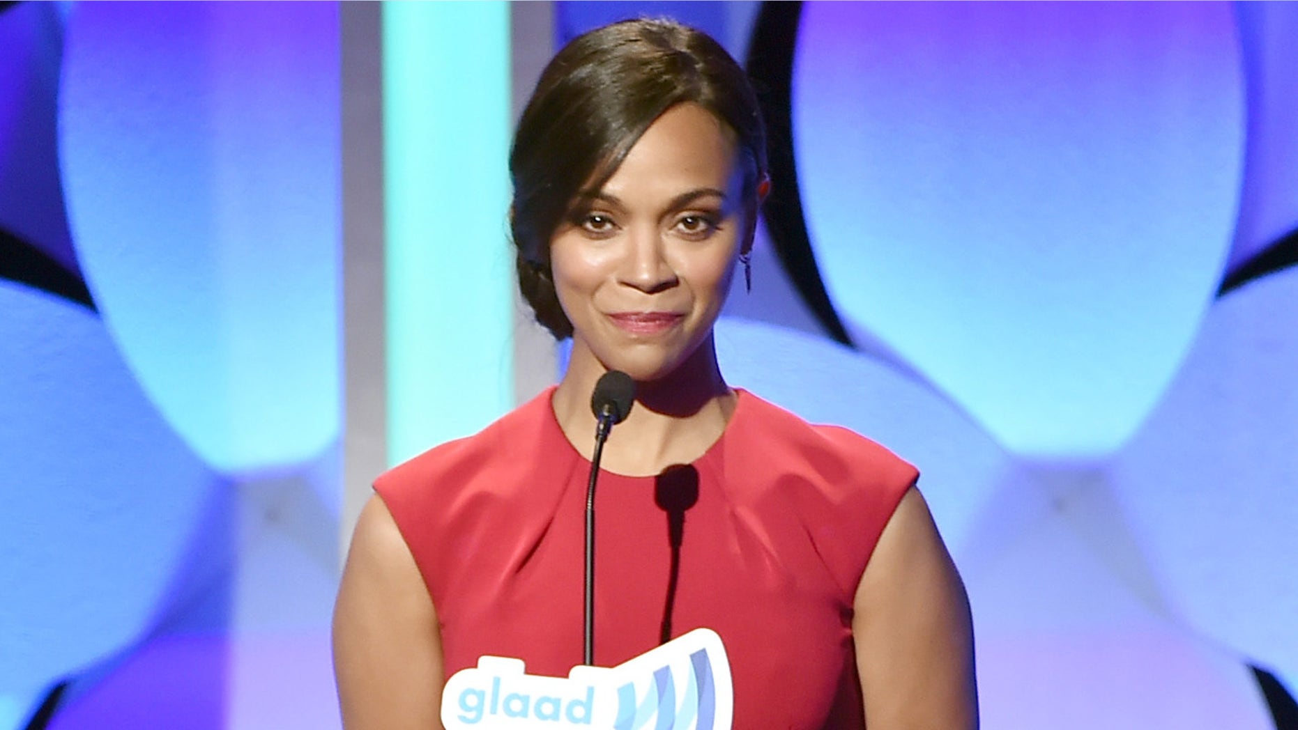 BEVERLY HILLS, CA - MARCH 21: Actress Zoe Saldana speaks onstage during the 26th Annual GLAAD Media Awards at The Beverly Hilton Hotel on March 21, 2015 in Beverly Hills, California. (Photo by Kevin Winter/Getty Images for GLAAD)