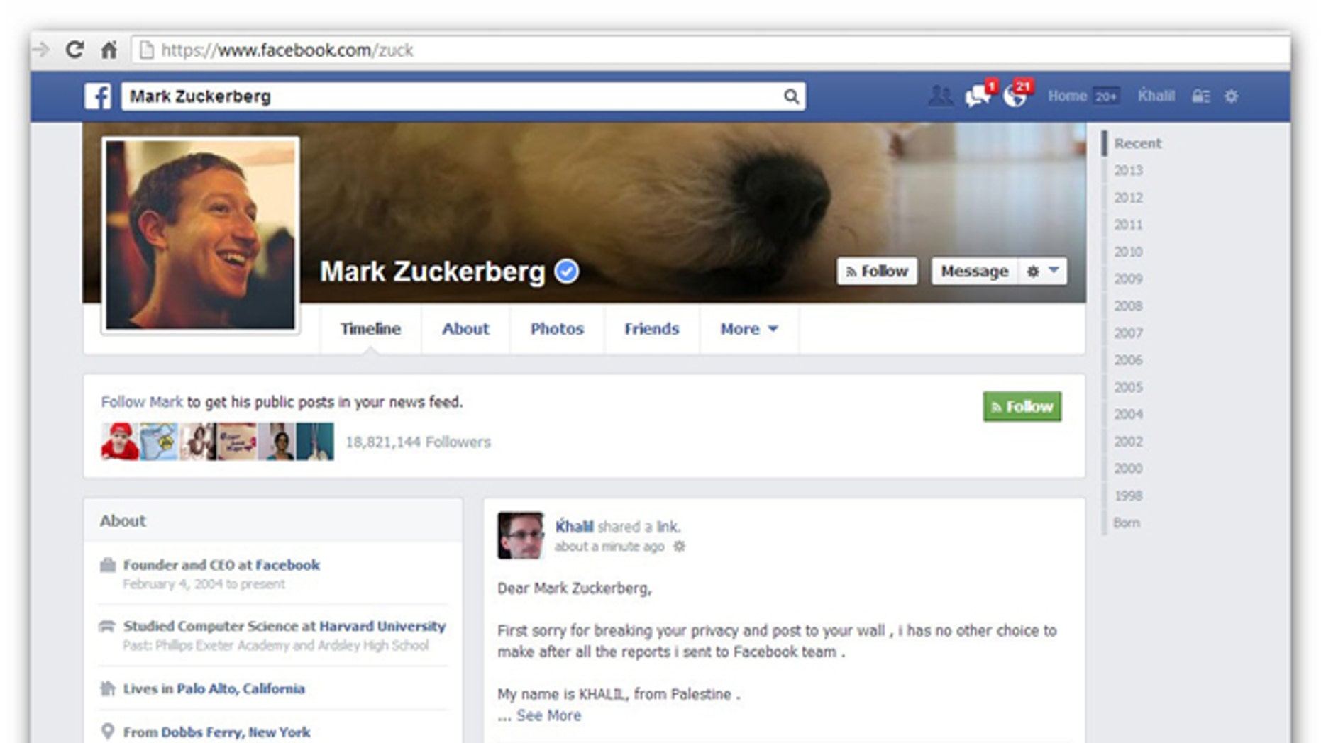 Security researcher Khalil Shreateh posted a bug he discovered on Facebook CEO Mark Zuckerberg's wall after administrators ignored him twice.
