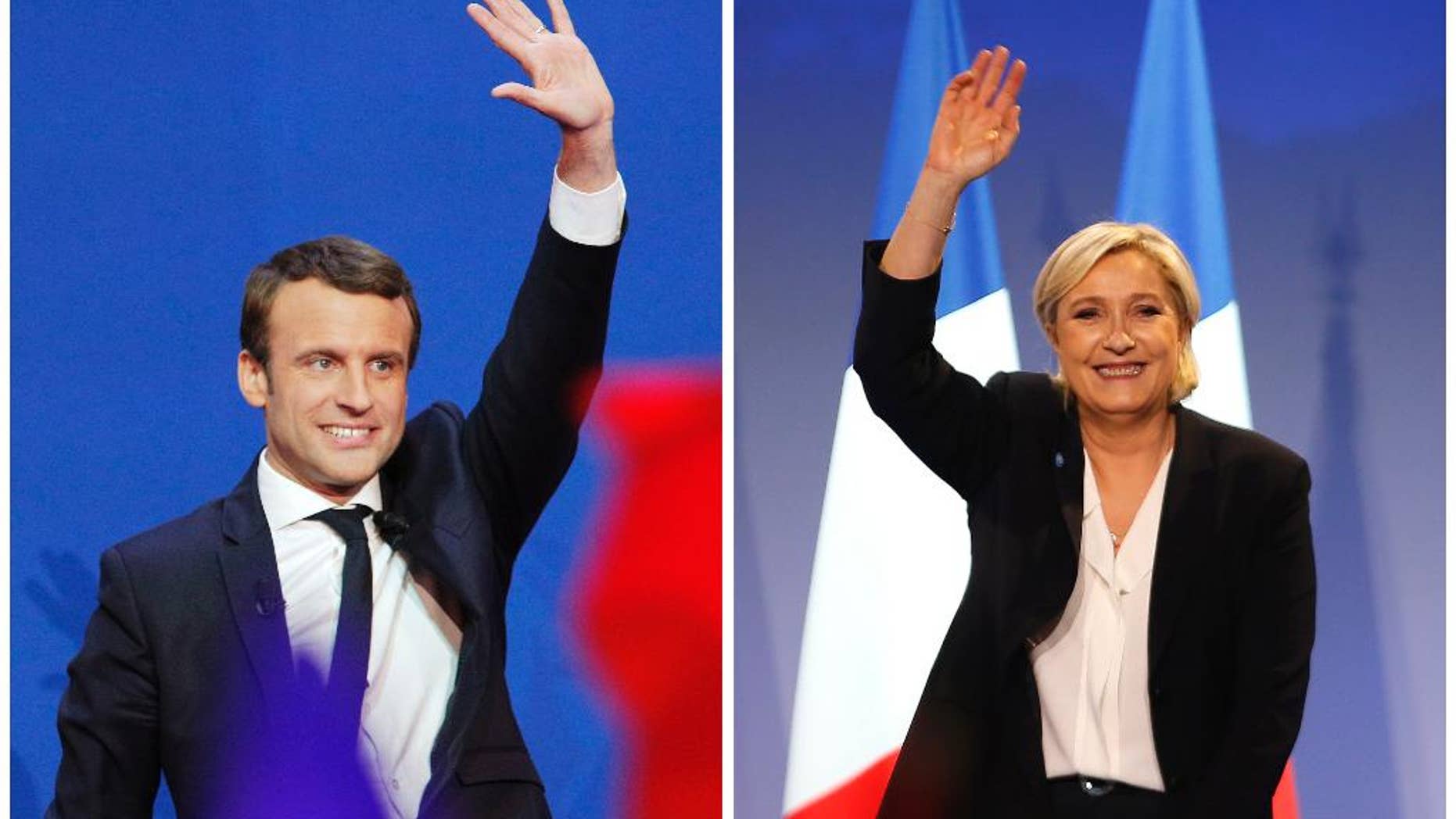 In this photo combination, French centrist presidential candidate Emmanuel Macron waves before he addresses his supporters at his election day headquarters in Paris, Sunday April 23, 2017, left, and far-right candidate for the presidential election Marine Le Pen waves at supporters after she delivers a speech during a meeting in Bordeaux, southwestern France, Sunday, April 2, 2017, right. (AP Photo/ Christophe Ena/ Bob Edme)