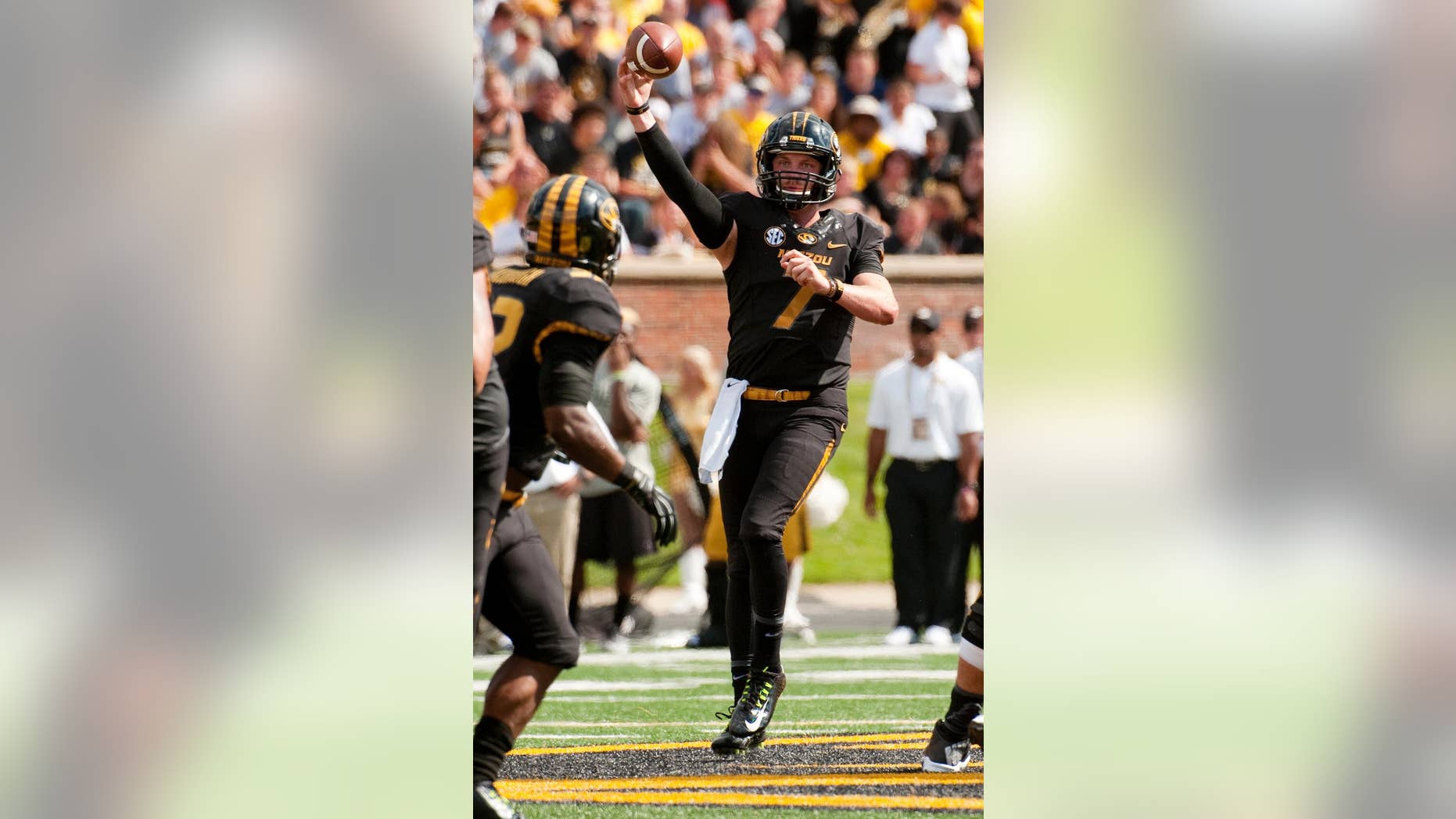 Missouri quarterback Maty Mauk throws a pass during the second quarter of an NCAA college football game against South Dakota State Saturday, Aug. 30, 2014, in Columbia, Mo. Missouri won the game 38-18. (AP Photo/L.G. Patterson)