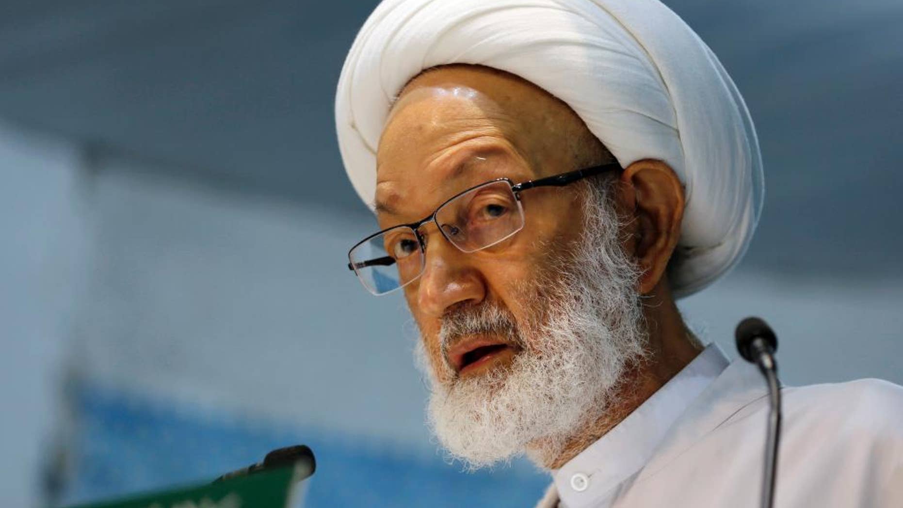 FILE -- In this Nov. 21, 2014 file photo, prominent Shiite Muslim cleric, Sheik Isa Qassim, speaks during midday prayers Friday, in the village of Diraz, Bahrain. Security forces wearing black ski masks have clashed with protesters near the Bahrain home of a prominent Shiite cleric. Activists said early Thursday, Jan. 26, 2017, that police fired birdshot and live ammunition in Diraz, near the home of Qassim. The cleric lost his citizenship in June over the Sunni-ruled government's allegations that he fueled extremism and laundered money.
(AP Photo/Hasan Jamali, File)