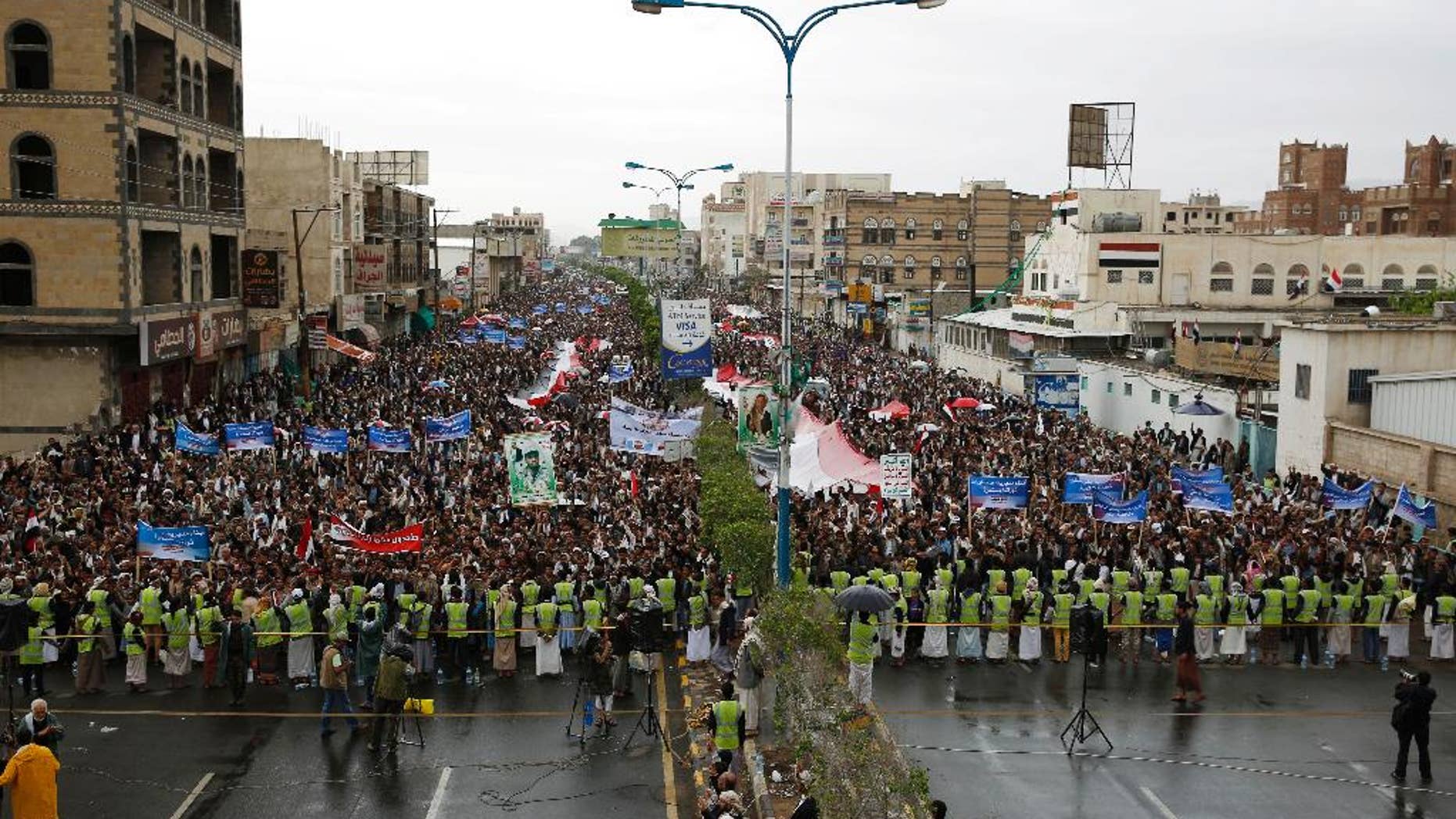 Shiite rebels, known as Houthis, attend a protest against Saudi-led airstrikes in Sanaa, Yemen, Friday, April 15, 2016. (AP Photo/Hani Mohammed)