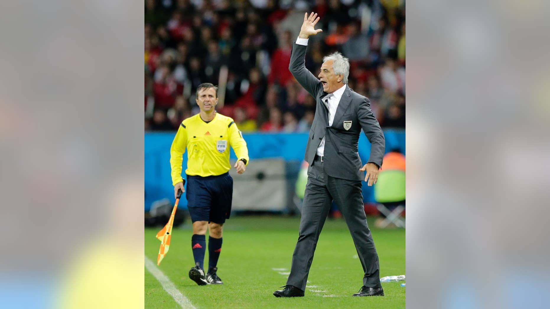 Algeria's head coach Vahid Halilhodzic yells from the sidelines during the World Cup round of 16 soccer match between Germany and Algeria at the Estadio Beira-Rio in Porto Alegre, Brazil, Monday, June 30, 2014. (AP Photo/Matthias Schrader)