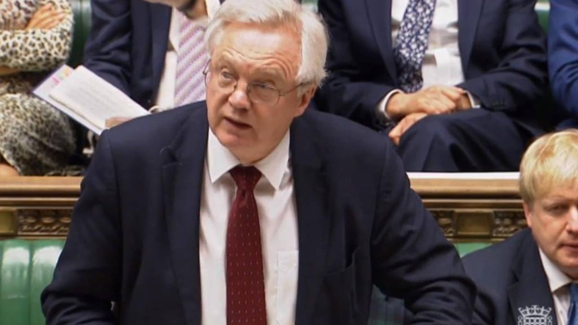 Britain's Brexit Secretary David Davis speaks in the House of Commons, London during the second reading debate on the EU (Notification on Withdrawal) Bill, Tuesday, Jan. 31, 2017. British lawmakers are starting debate on a bill authorizing the start of European Union exit talks, as the government races to meet a self-imposed March 31 deadline to begin the process. (PA via AP)