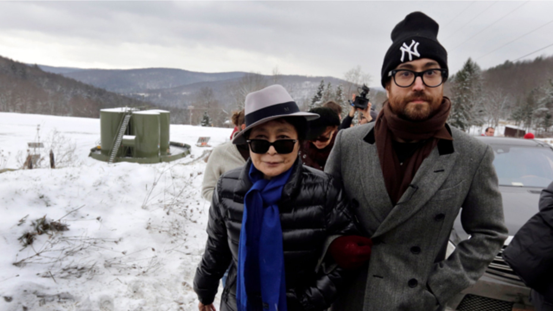 Jan. 17, 2013: Yoko Ono, left, and her son Sean Lennon visit a fracking site in Franklin Forks, Pa., during a bus tour of natural-gas drilling sites in northeastern Pennsylvania.