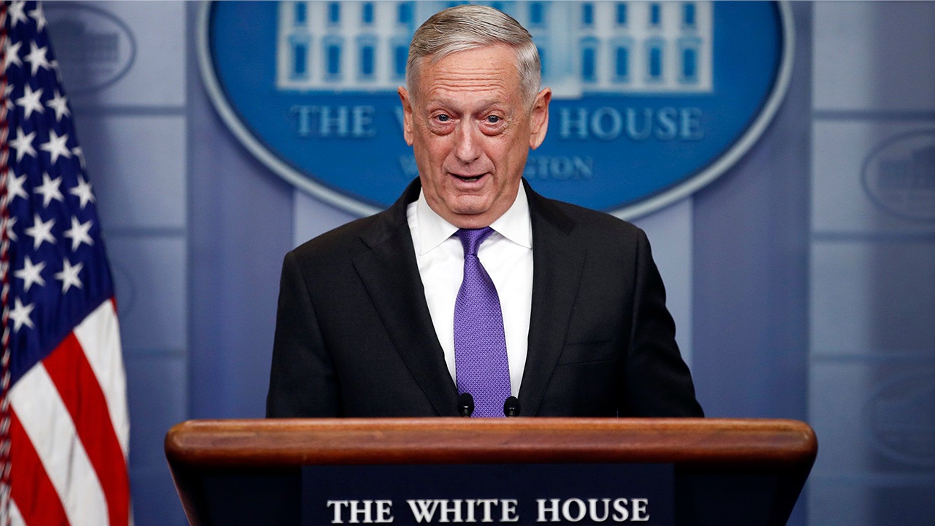 Defense Secretary Jim Mattis speaks during the daily news briefing at the White House, in Washington on Feb. 7. He confirmed that the nearly 850 immigrants currently serving in the military or waiting to start training won’t face deportation.