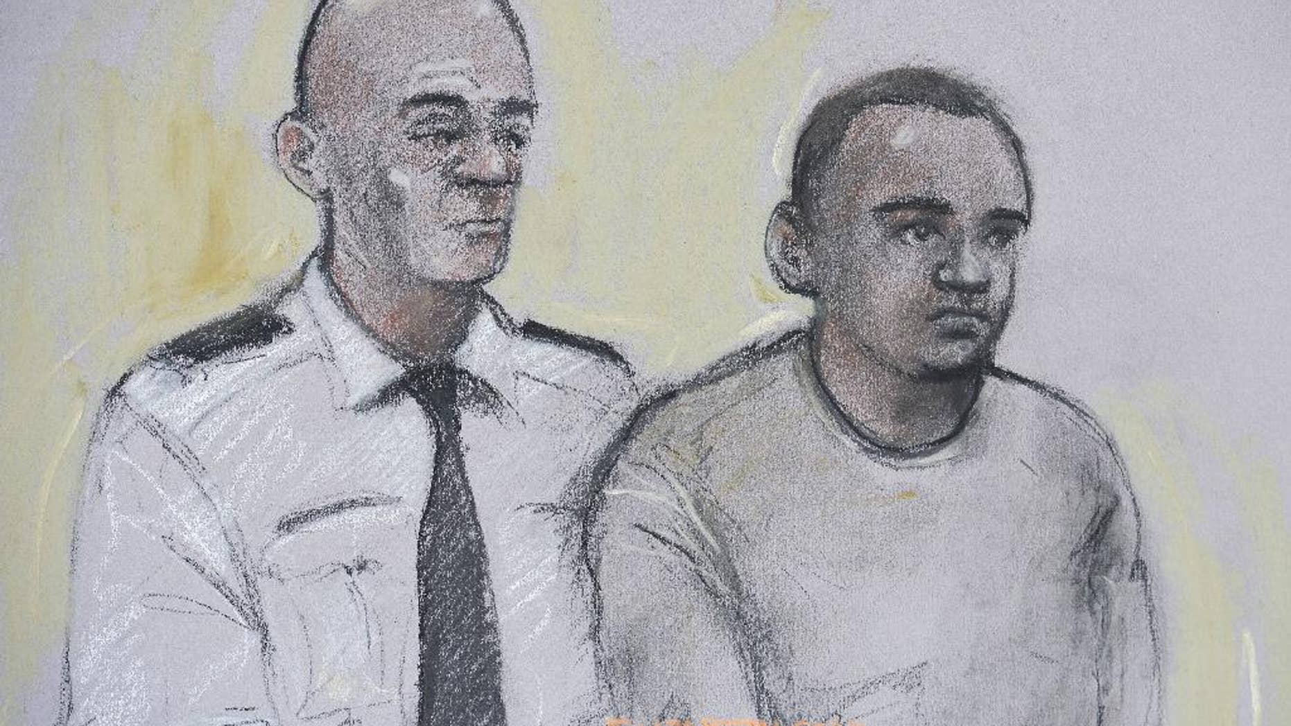 This courtroom sketch by artist Elizabeth Cook shows Zakaria Bulhan, right, appearing at Westminster Magistrates Court in London, Saturday, Aug. 6, 2016. The 19-year-old Somali-Norwegian man is accused of carrying out a stabbing rampage in London's Russell Square and was remanded into custody Saturday after a court appearance in the British capital. Zakaria Bulhan of London is accused of slaying 64-year-old American Darlene Horton, a retired teacher. Bulhan also faces five counts of attempted murder in the attack on two Australians, an Israeli, an American and a British citizen. (PA via AP)