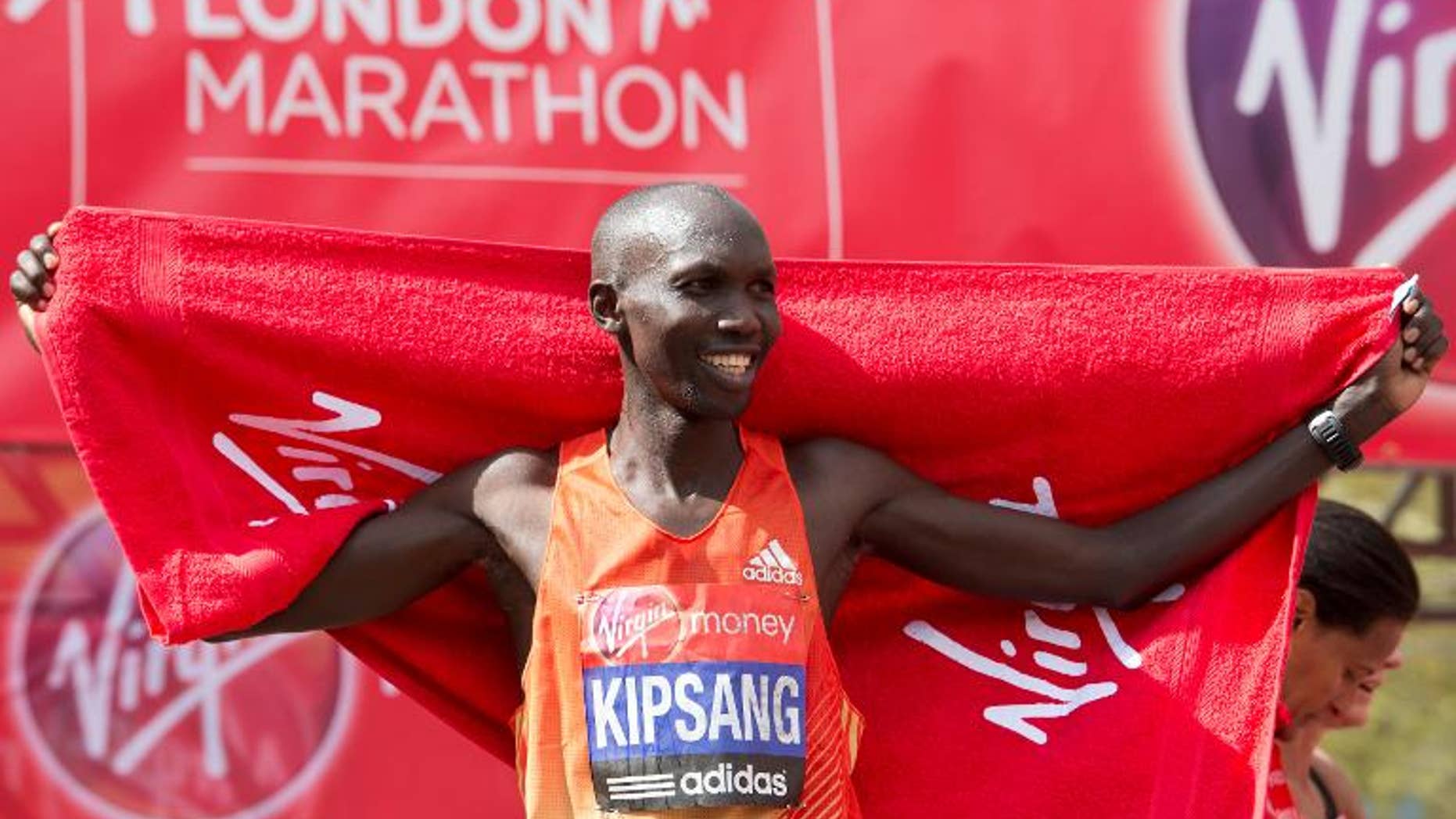 Wilson Kipsang of Kenya crosses the finish line to win the men's 2012 London Marathon on April 22