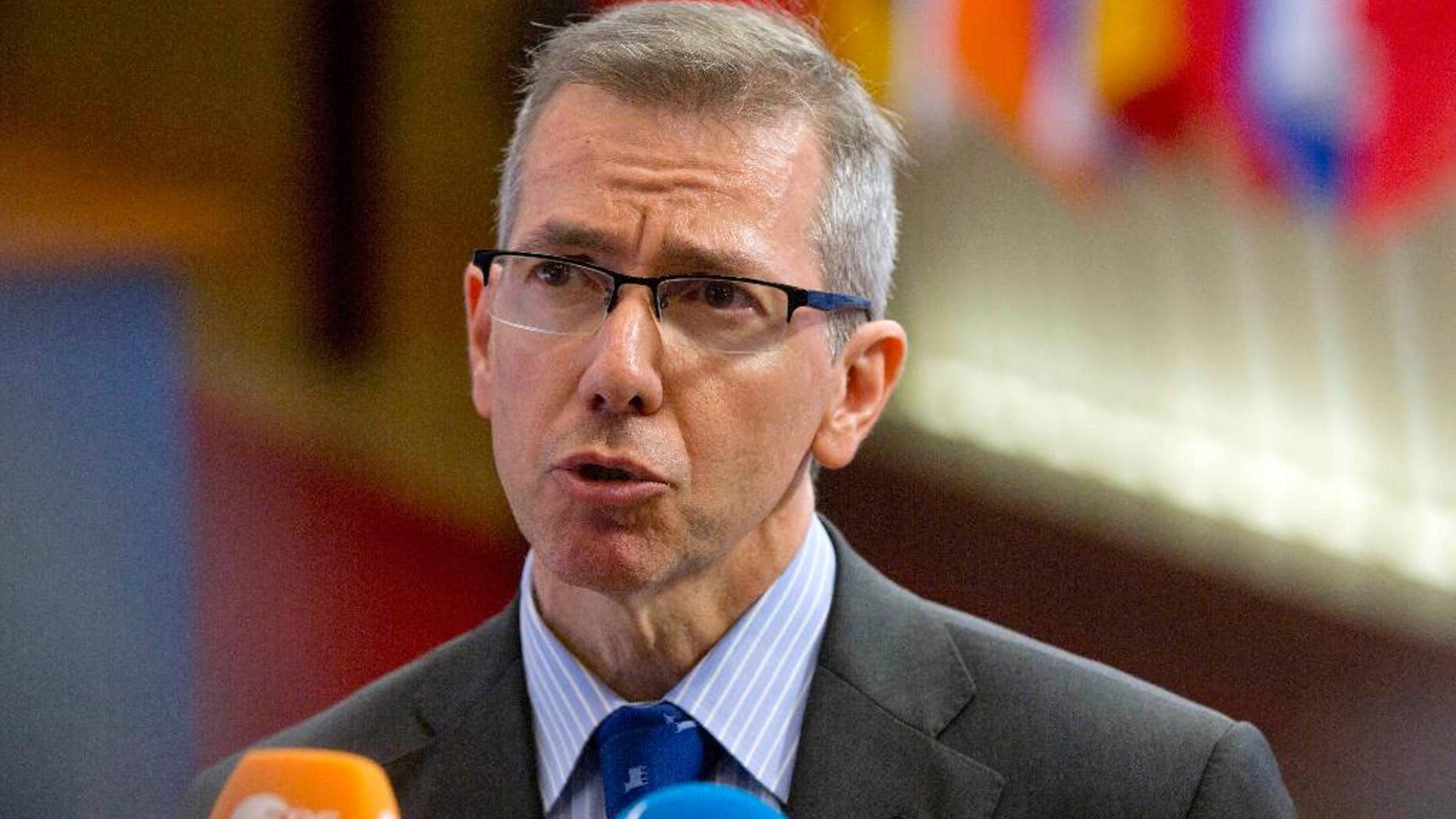 FILE - In this Aug. 19, 2013 file photo, European Union Special Representative for the Southern Mediterranean Bernardino Leon speaks with the media, after a meeting of ambassadors of the 28 EU member nations, in Brussels. On Sunday, Nov. 9, 2014, a series of nearby explosions prematurely ended a meeting between Libya's Prime Minister Abdullah al-Thinni and the U.N. top envoy to the country, Bernardino Leon, in the eastern Libyan city of Bayda. No one was wounded and Leon, who had planned to travel to other cities on his visit, left immediately after the blasts for the airport. (AP Photo/Virginia Mayo, File)