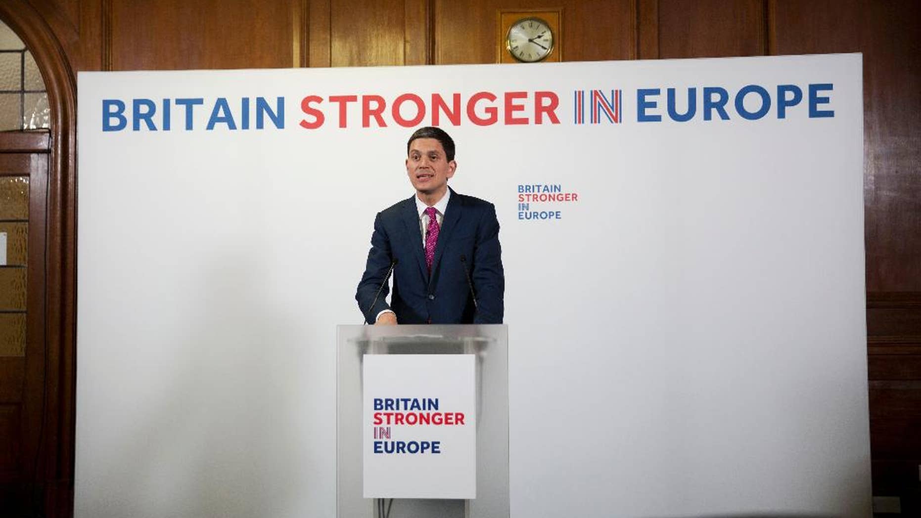 David Miliband, former British Foreign Secretary and current President and CEO of the International Rescue Committee based in New York, makes a speech on Britain's EU membership in London, Tuesday, April 12, 2016. Miliband on Tuesday delivered the speech for the Britain Stronger In Europe campaign on the foreign policy implications on Britain leaving Europe. Britain is to hold a referendum to decide on their EU membership on June 23. (AP Photo/Matt Dunham)
