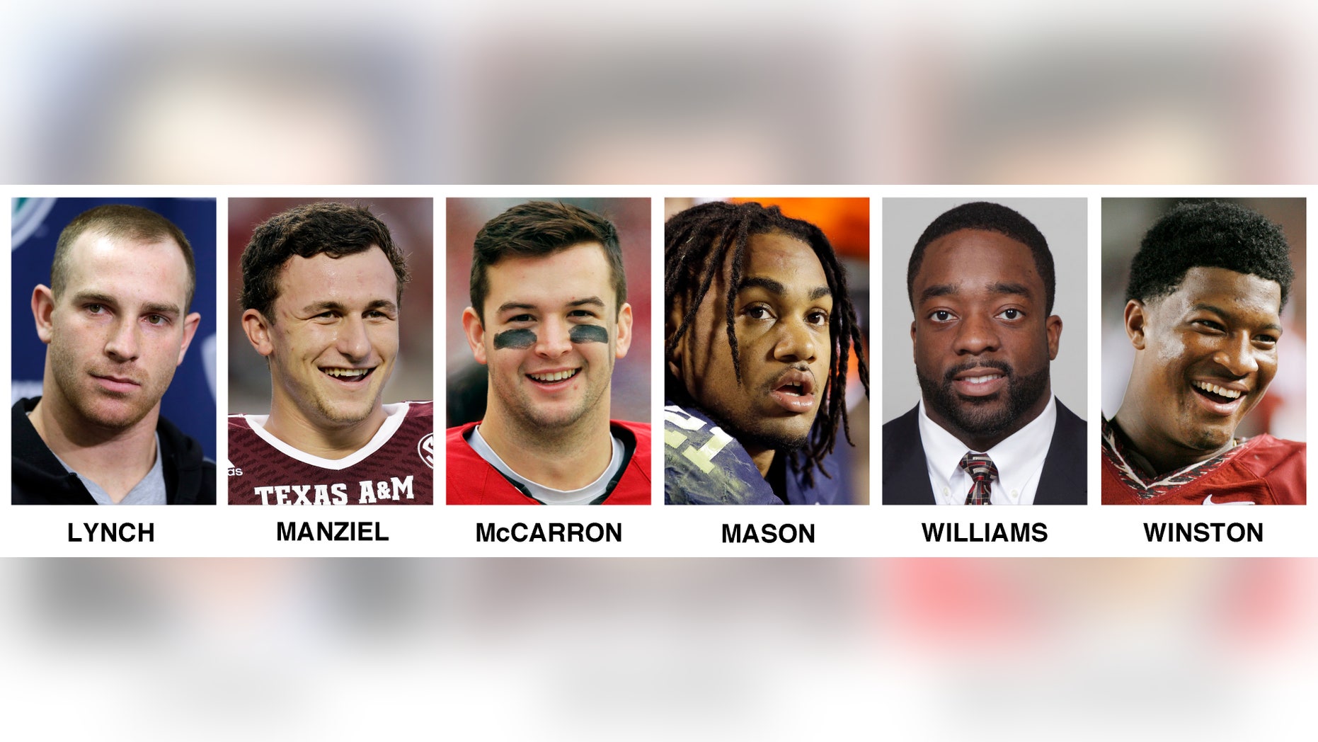 FILE - This combo of file photos shows the six Heisman Trophy finalist, from left, Northern Illinois quarterback Jordan Lynch, Texas A&M quarterback Johnny Manziel, Alabama's quarterback AJ McCarron, Auburn running back Tre Mason, Boston College running back Andre Williams and Florida State quarterback Jameis Winston. The winner will be announced Saturday night, Dec. 14, 2013, in New York. (AP Photo/File)