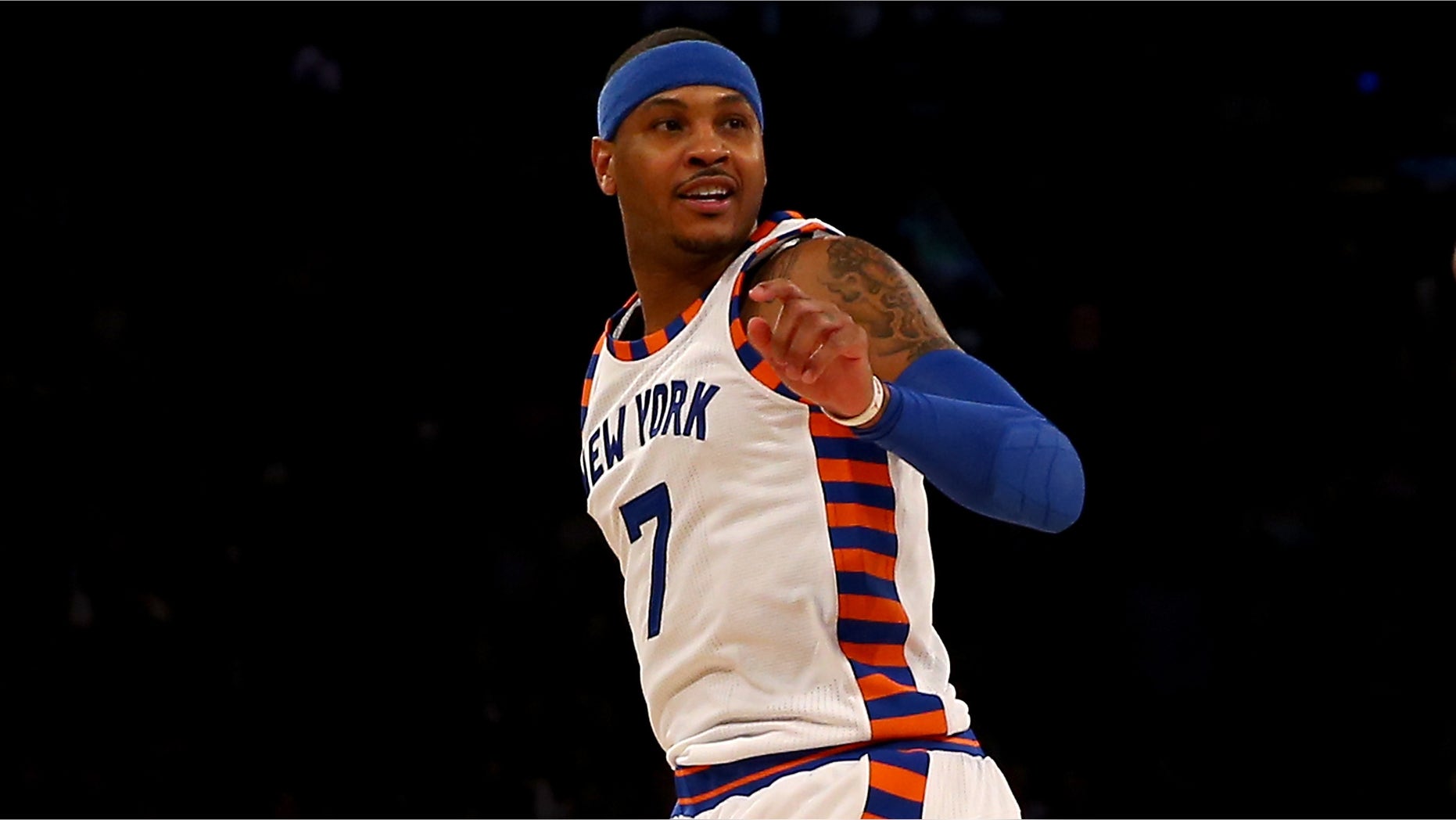 NEW YORK, NY - JANUARY 12: Carmelo Anthony #7 of the New York Knicks reacts after a missed shot in the first half against the Boston Celtics at Madison Square Garden on January 12, 2016 in New York City. NOTE TO USER: User expressly acknowledges and agrees that, by downloading and or using this photograph, User is consenting to the terms and conditions of the Getty Images License Agreement. (Photo by Elsa/Getty Images)