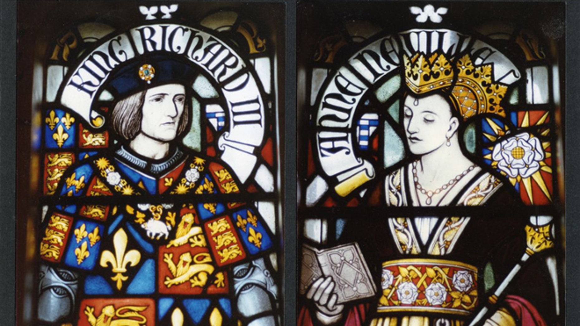 A stained glass window at Cardiff Castle depicts King Richard III and Queen Anne Neville.