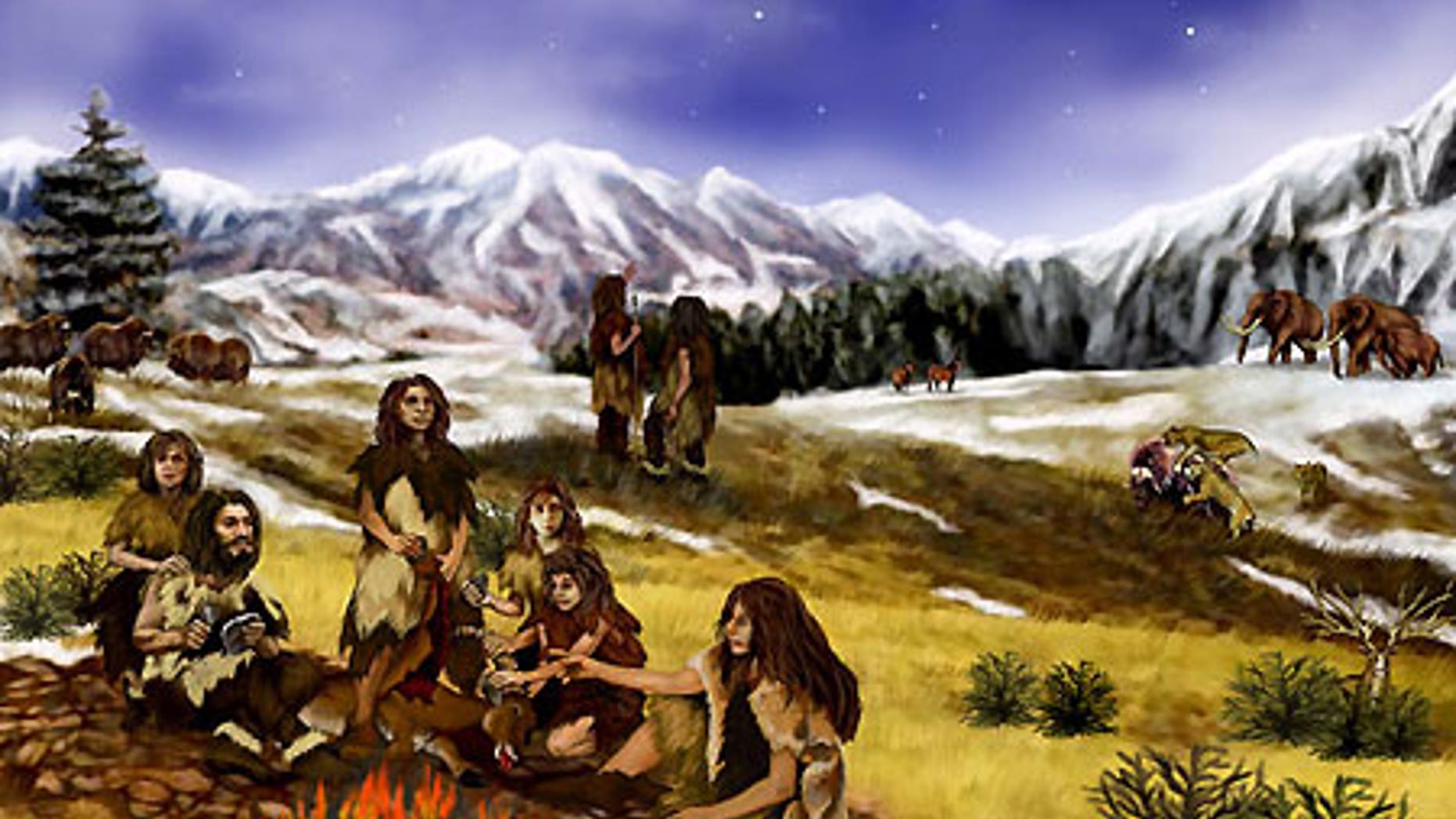 An artist's rendition of a Neanderthal family in Ice Age Europe.
