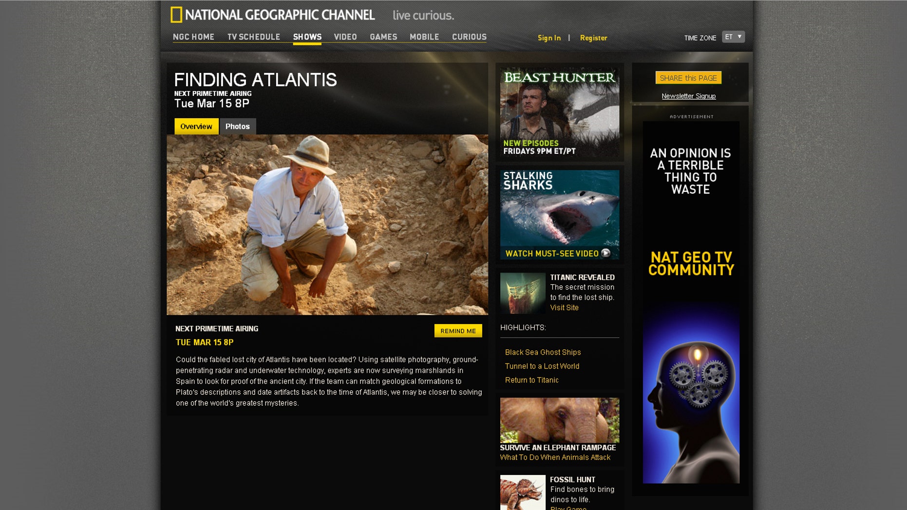 March 13: National Geographic special "Finding Atlantis" aired, featuring the research of Richard Freund