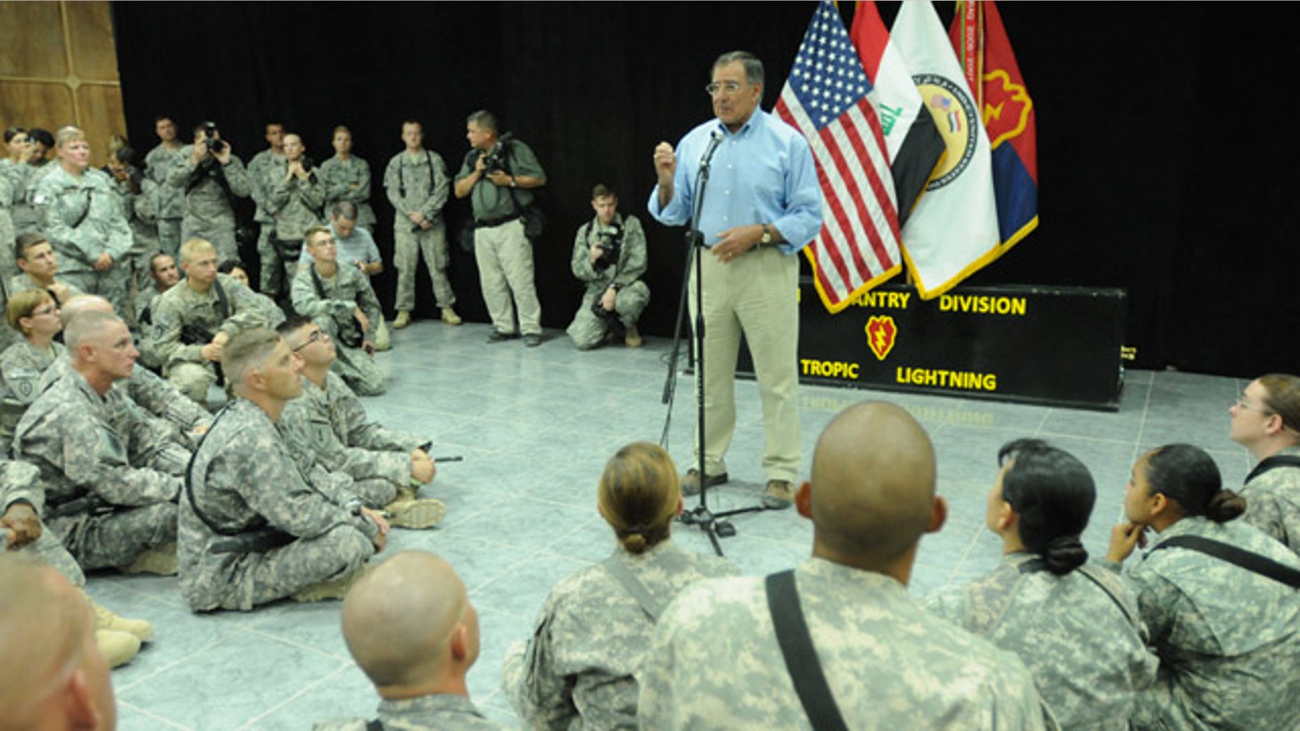 July 11: Secretary of Defense Leon E. Panetta talks with U.S. soldiers during his visit to Camp Victory, Baghdad, Iraq.