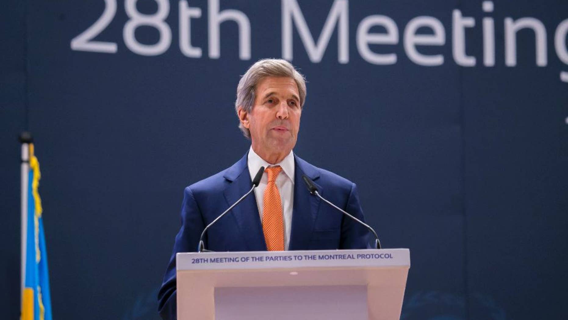 Secretary of State John Kerry delivers a speech to the 28th Meeting of the Parties to the Montreal Protocol on Substances that Deplete the Ozone Layer, in Kigali, Rwanda, Friday, Oct. 14, 2016. The group of nations gathered in Kigali, are striving Friday for a deal to phase out hydrofluorocarbons from air conditioners and refrigerators as part of efforts to fight climate change. (AP Photo)
