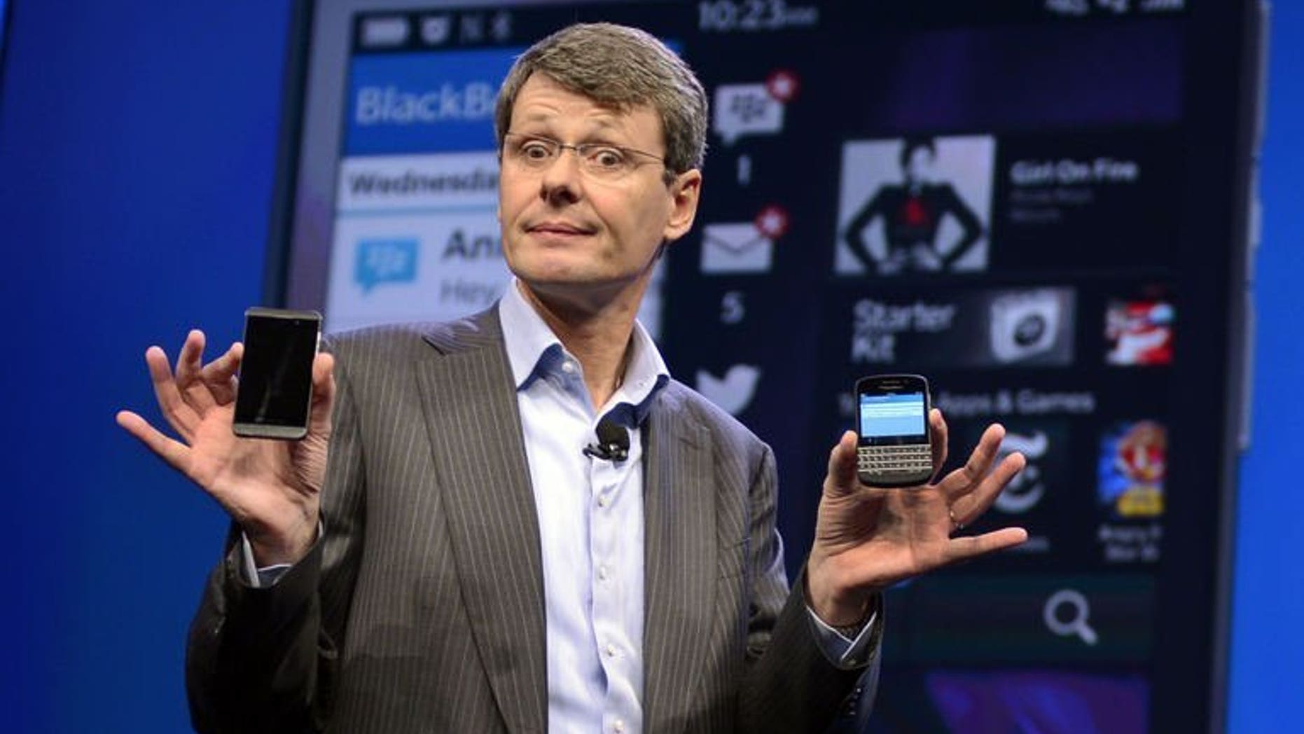 BlackBerry CEO and President Thorsten Heins unveils the BlackBerry 10 mobile platform in New York on January 30, 2013.