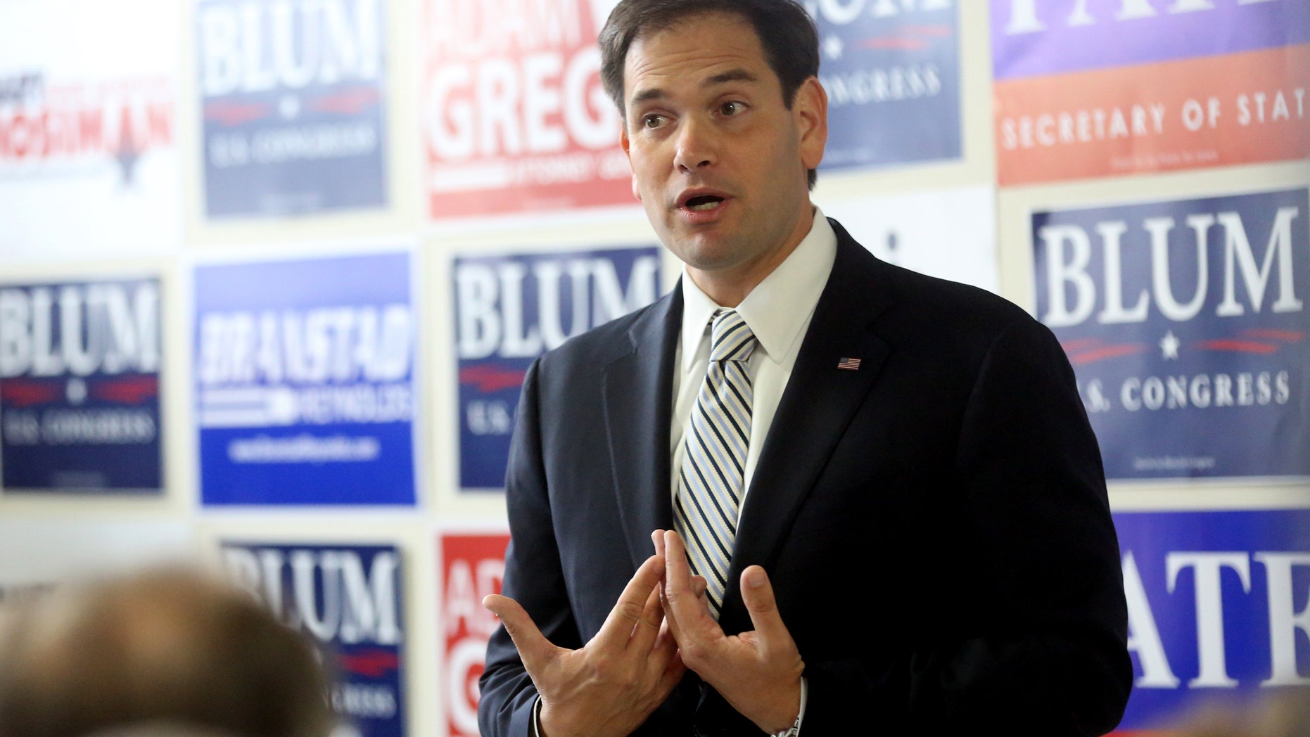 El senador republicano Marco Rubio habla durante un mitin en la oficina de campaña de Rod Blum, candidato a la Cámara de Representantes, el miércoles 29 de octubre de 2014, en Dubuque, Iowa. Los tres senadores republicanos responsables de la propuesta de reforma migratoria que está trabada en el Congreso, entre ellos Rubio, pidieron el jueves 30 de octubre de 2014 al presidente Barack Obama no usar sus poderes ejecutivos para evitar que millones de personas sean deportadas. (AP Foto/The Telegraph Herald, Jessica Reilly)