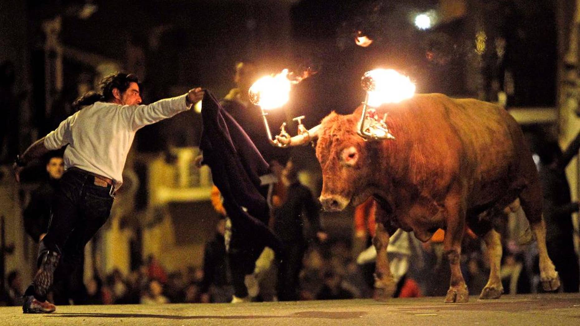 FILE - In this Jan. 17, 2010 file photo, a reveler runs away from a bull with flaming horns during a festivity in honor of Saint Anthony, the patron saint of animals, in the streets of Gilet, a town near Valencia, Spain. The city of Valencia has banned a longtime tradition where bulls are set loose on neighborhood streets with flaming balls of wax or fireworks affixed to their horns. Mayor Joan Ribo cited cruelty to animals for the ban approved Friday, June 10, 2016. The city council also cut funding for bull runs and bullfighting schools but did not move to ban bullfighting. (AP Photo/Alberto Saiz, File)