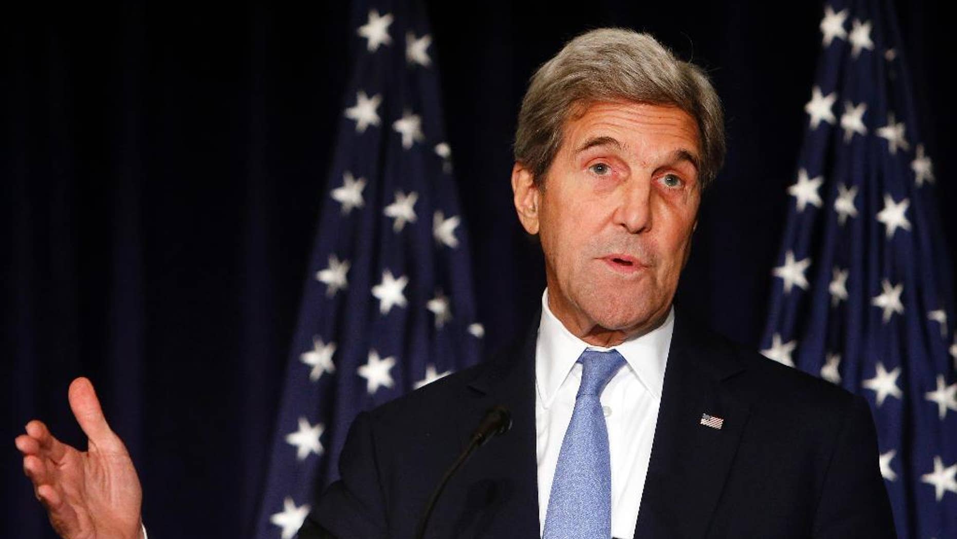 FILE - In this Sept. 22, 2016 file photo, Secretary of State John Kerry speaks in New York. Kerry is threatening to cut off all contacts with Moscow over Syria, unless Russian and Syrian government attacks on Aleppo end. The State Department says Kerry issued the ultimatum in a Wednesday, Sept. 28, 2016, telephone call to Russian Foreign Minister Sergey Lavrov.(AP Photo/Jason DeCrow, File)
