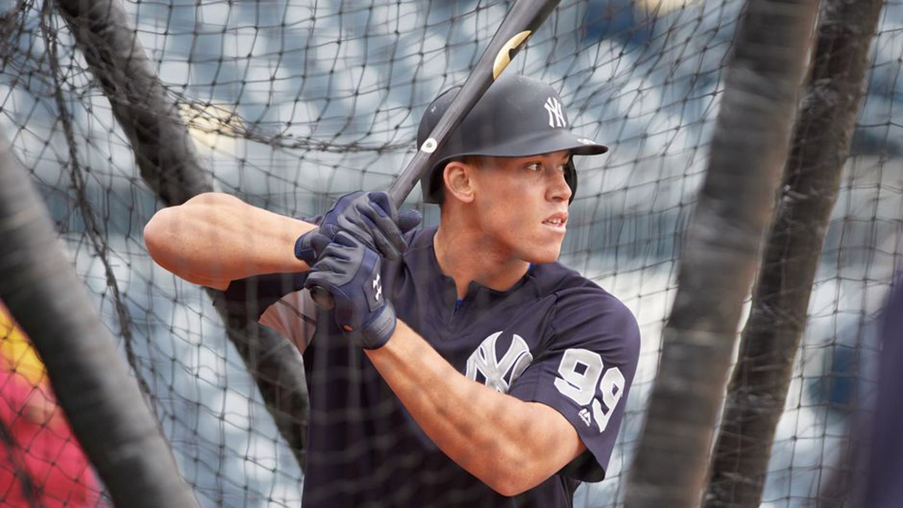 PITTSBURGH, PA - APRIL 22: New York Yankees right fielder Aaron Judge (99) hits during battling practice before an MLB game between the Pittsburgh Pirates and the New York Yankees on April 22, 2017 at PNC Park in Pittsburgh, PA. (Photo by Shelley Lipton/Icon Sportswire) (Icon Sportswire via AP Images)