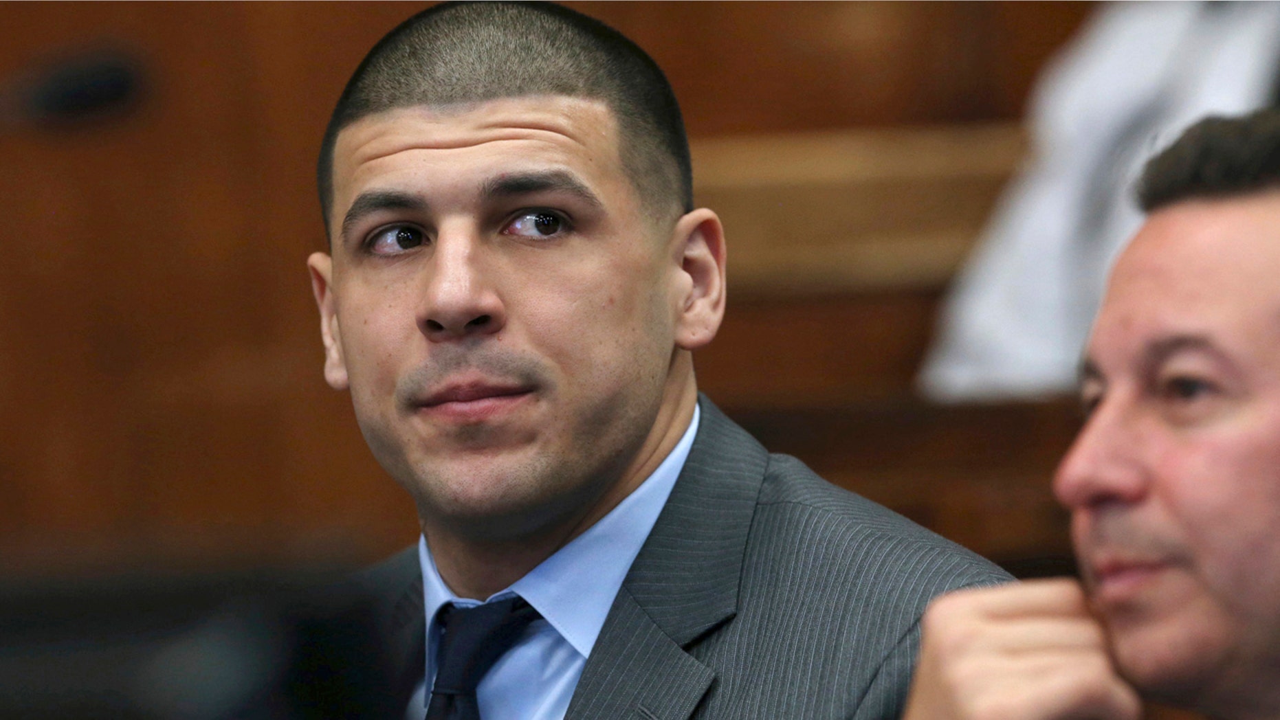 Dec. 20, 2016: Former New England Patriots player Aaron Hernandez appears with defense attorney Jose Baez during a hearing at Suffolk Superior Court.