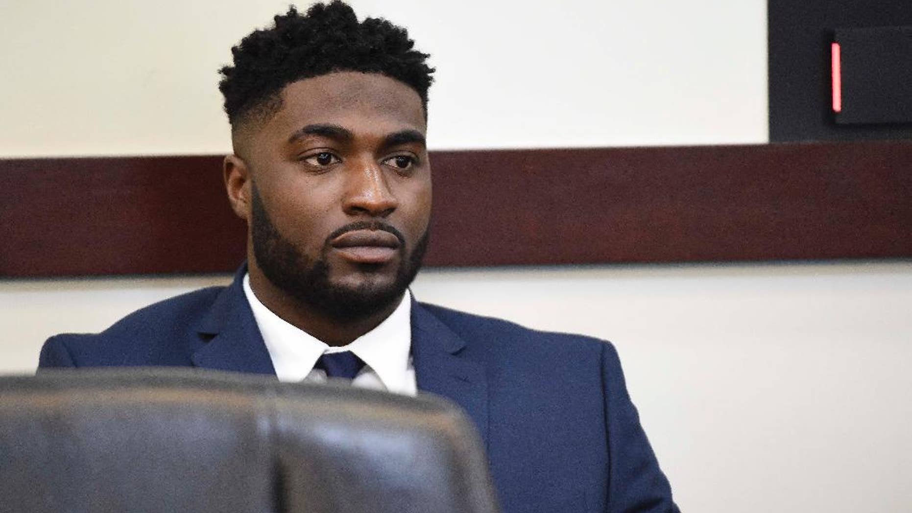FILE - In this Tuesday, April 5, 2016 file photo, former Vanderbilt football player Cory Batey sits during a break on day two of his trial in Judge Monte Watkins' courtroom in the A.A. Birch building in Nashville, Tenn. The former Vanderbilt football player has been found guilty on Friday, April 8, of raping an unconscious student in a dorm . It took less than three hours for the jury of nine men and three women to find Batey guilty of aggravated rape, two counts of attempted aggravated rape, facilitation of aggravated rape and three counts of aggravated sexual battery. (Samuel M. Simpkins/The Tennessean via AP, File) MANDATORY CREDIT; NO SALES