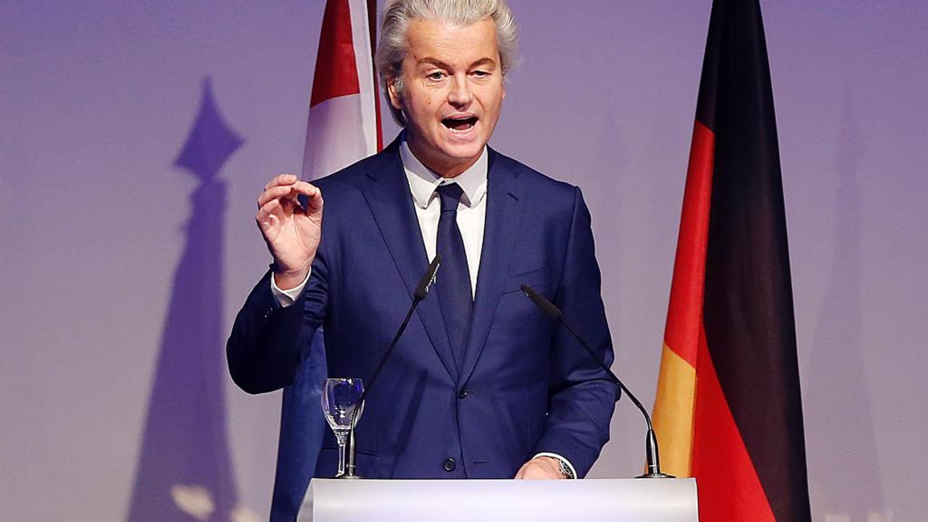 Dutch lawmaker Geert Wilders delivers a speech on Jan. 21, 2017.