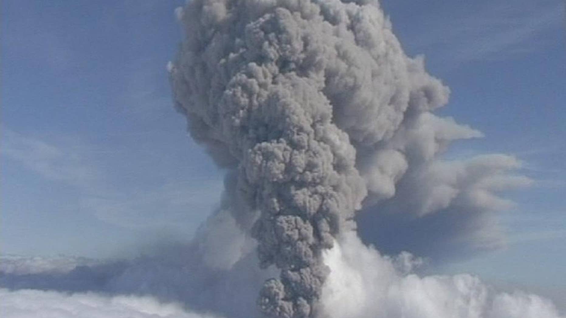 FILE This is a Saturday May 8 2010 file image taken from video of a column of ash rising from Iceland's Eyjafjallajokul volcano. It was reported Tueday Aug. 19, 2014 that thousands of small intense earthquakes are rocking Iceland amid concerns that one of the country’s volcanoes may be close to erupting. Iceland has raised its aviation alert level for the risk of a possible volcanic eruption to orange _ the second-most severe level. The alert is worrisome because of the chaos that followed the April 2010 eruption of Eyjafjallajokul, when more than 100,000 flights were cancelled because volcanic ash floating in the atmosphere is considered an aviation safety hazard. (AP Photo/ APTN) **