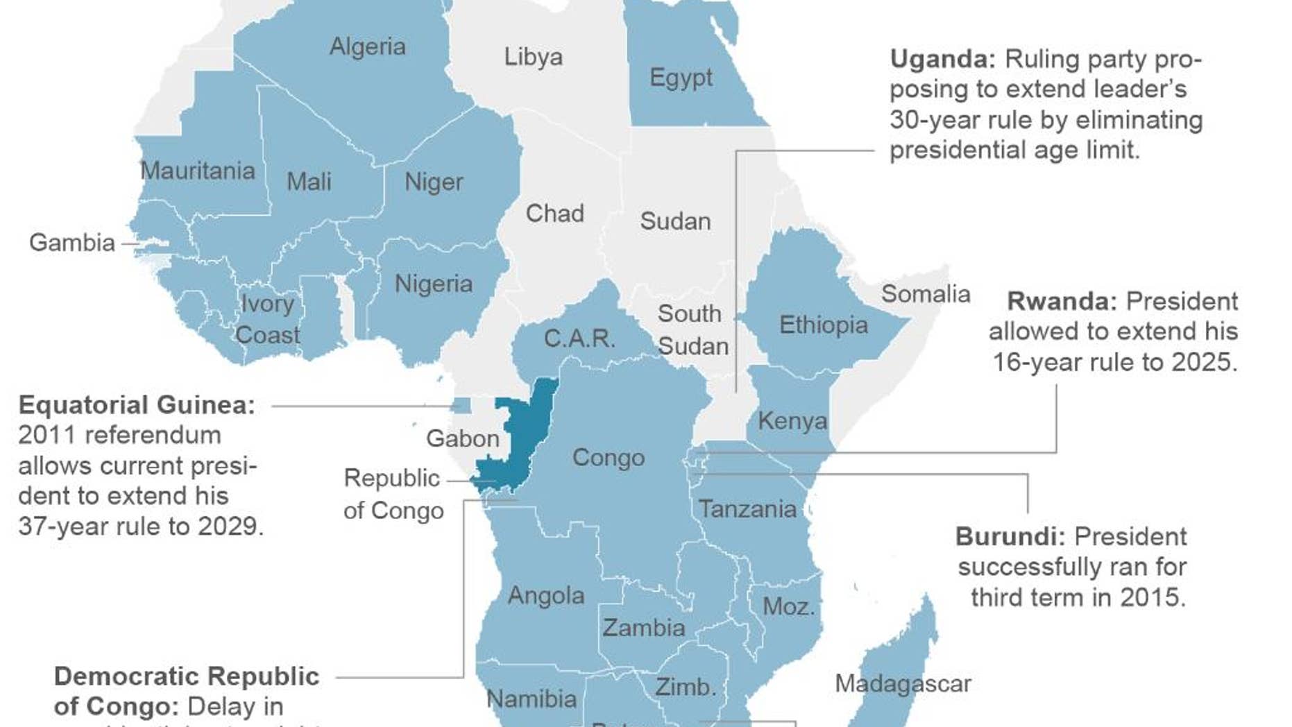 Map shows presidential term limits for African countries; 3c x 5 inches; 146 mm x 127 mm;