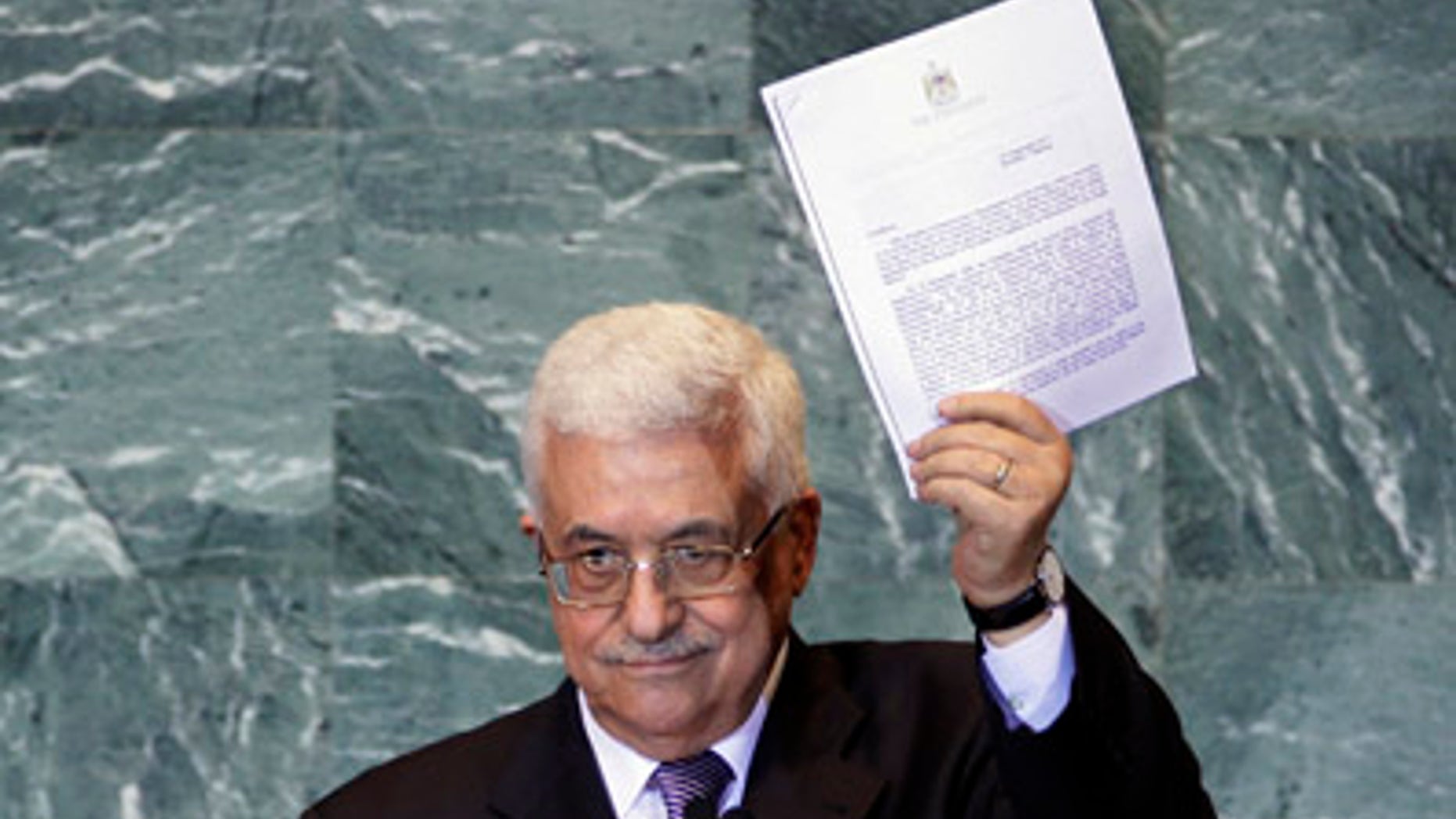 Sept. 23: Palestinian President Mahmoud Abbas holds a letter requesting recognition of Palestine as a state as he addresses the 66th session of the United Nations General Assembly at UN Headquarters.