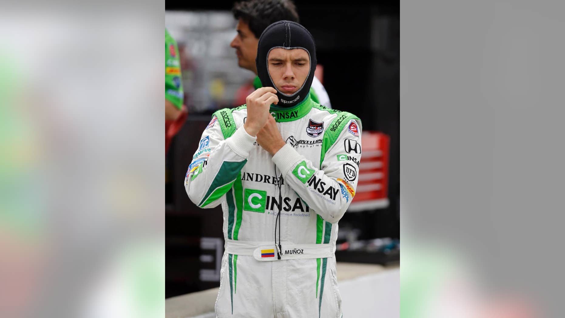 Carlos Munoz, of Colombia, prepares to drive during practice for the Indianapolis 500 IndyCar auto race at the Indianapolis Motor Speedway in Indianapolis, Tuesday, May 13, 2014. (AP Photo)