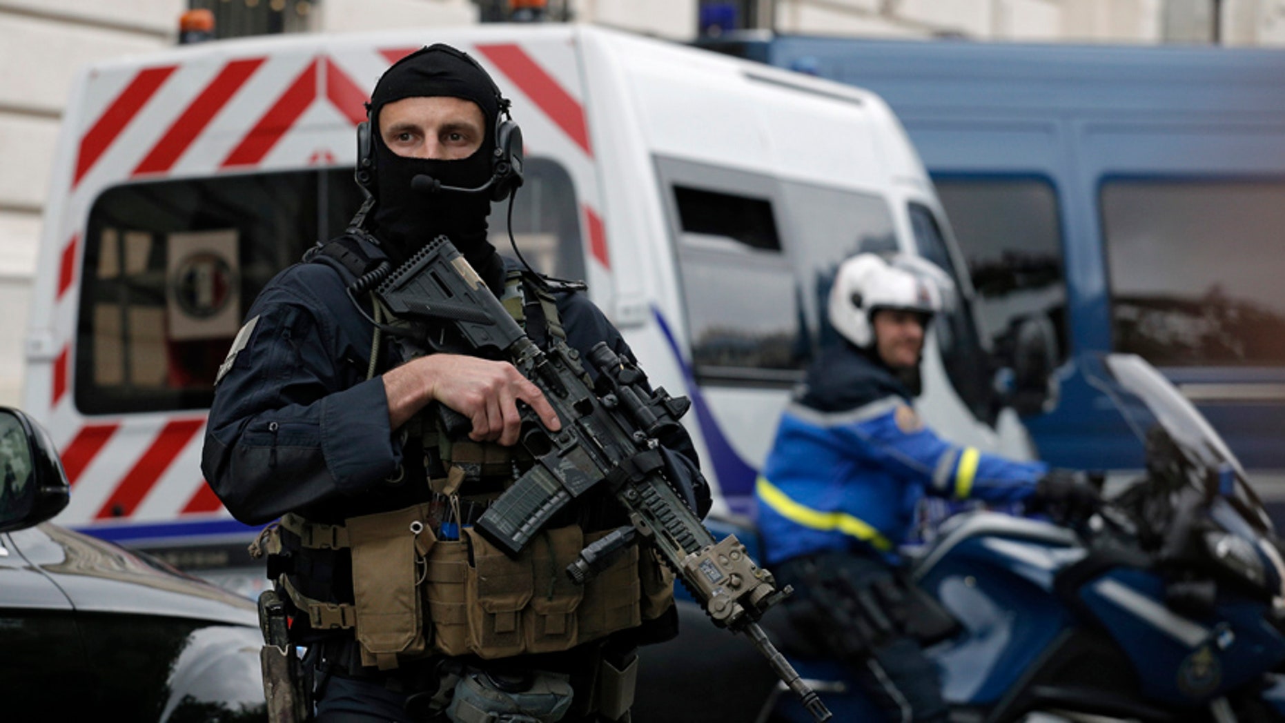 May 20, 2016: Members of French military task force GIGN secure the convoy transporting Paris attacks suspect, Salah Abdeslam as they leave the Paris courthouse.
