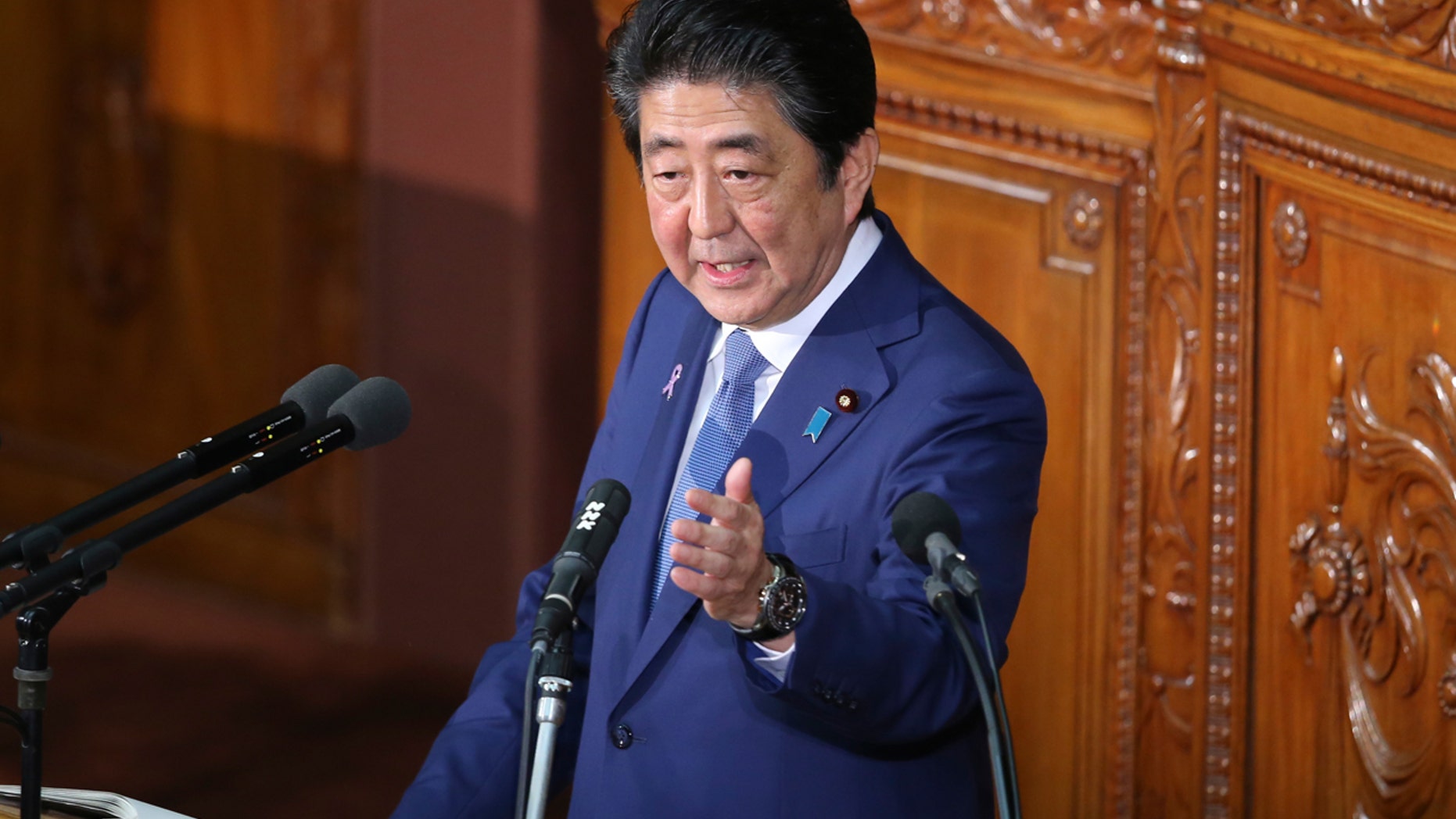 Japanese Prime Minister Shinzo Abe addresses Parliament on Friday in Tokyo.