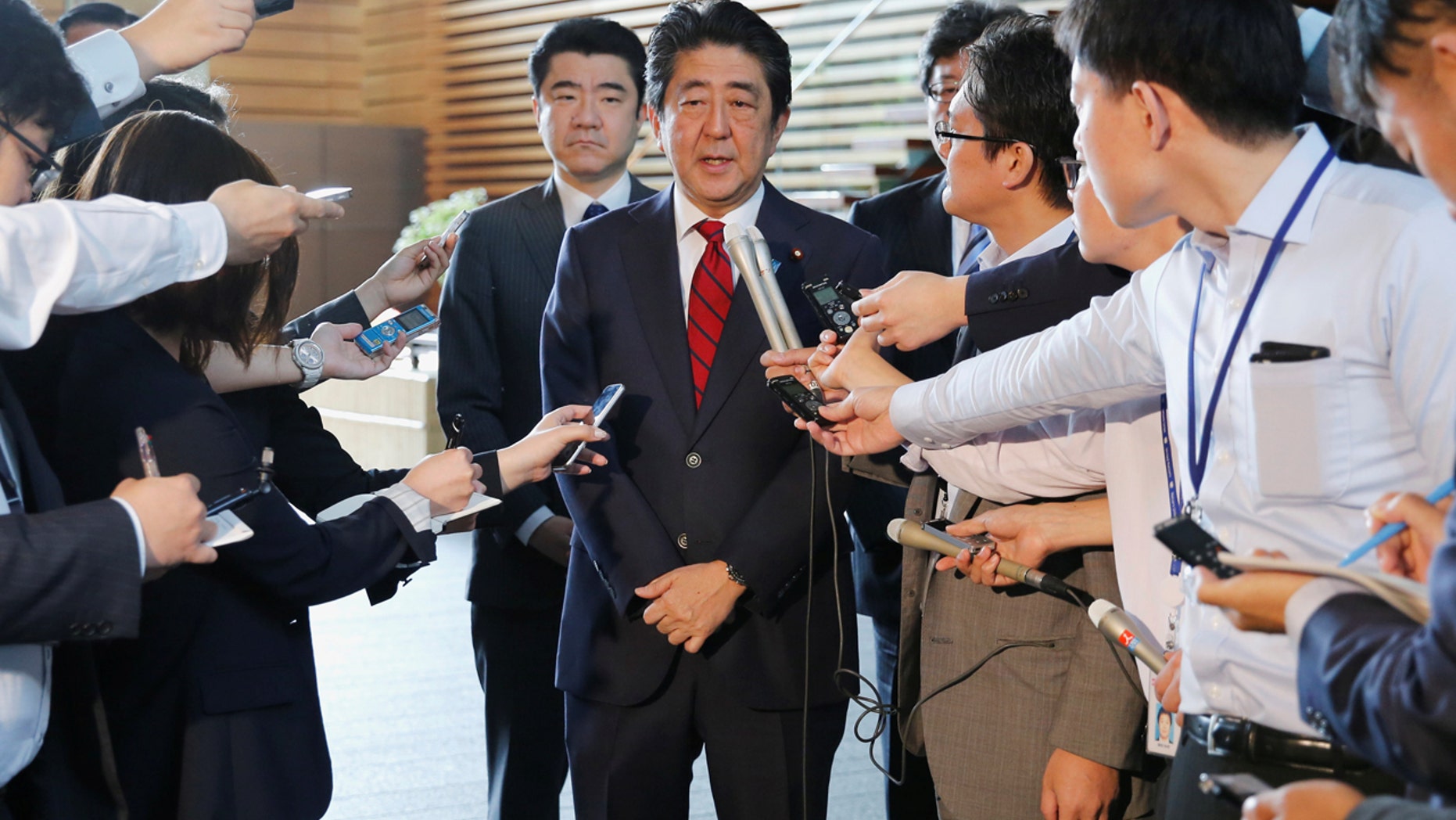 Japan's Prime Minister Shinzo Abe speaks on reports of the launch of a North Korean missile to reporters , at his official residence in Tokyo, Japan May 29, 2017.