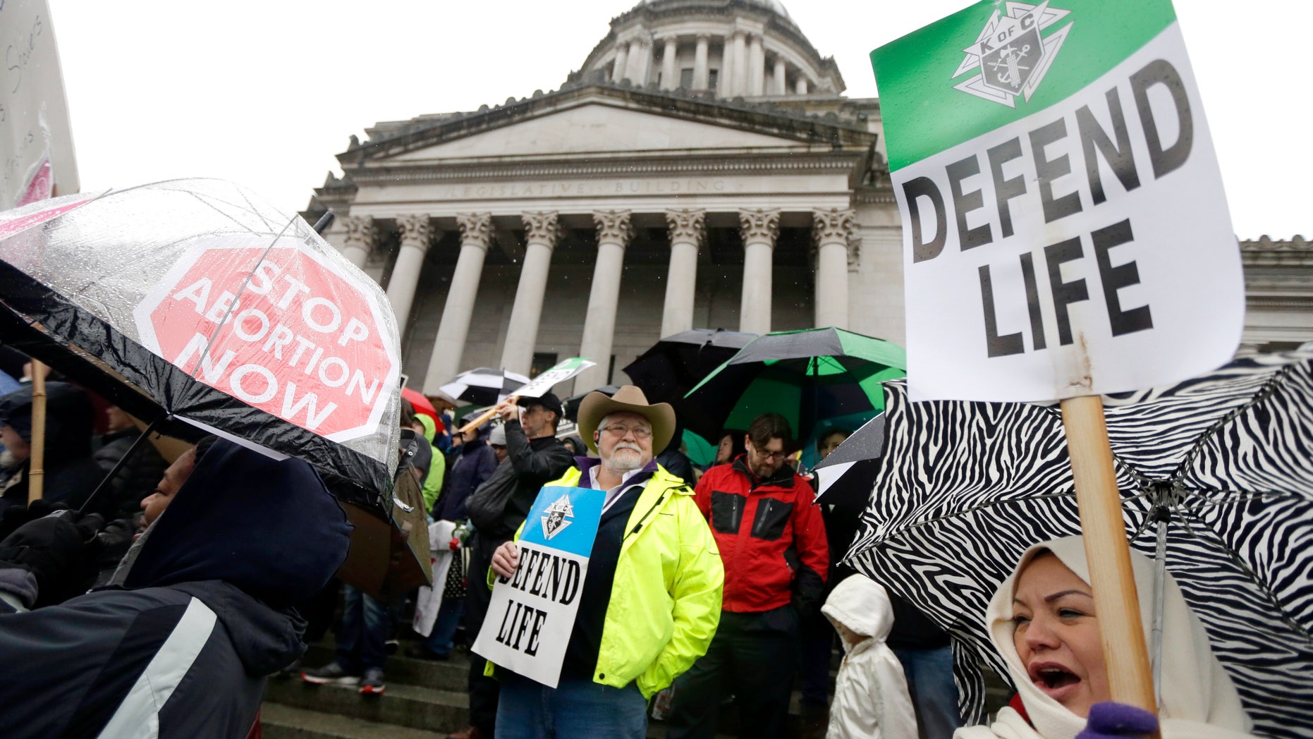 Anti-abortion demonstrators take part in a rally, Tuesday, Jan. 19, 2016, at the Capitol in Olympia, Wash. (AP Photo/Ted S. Warren)