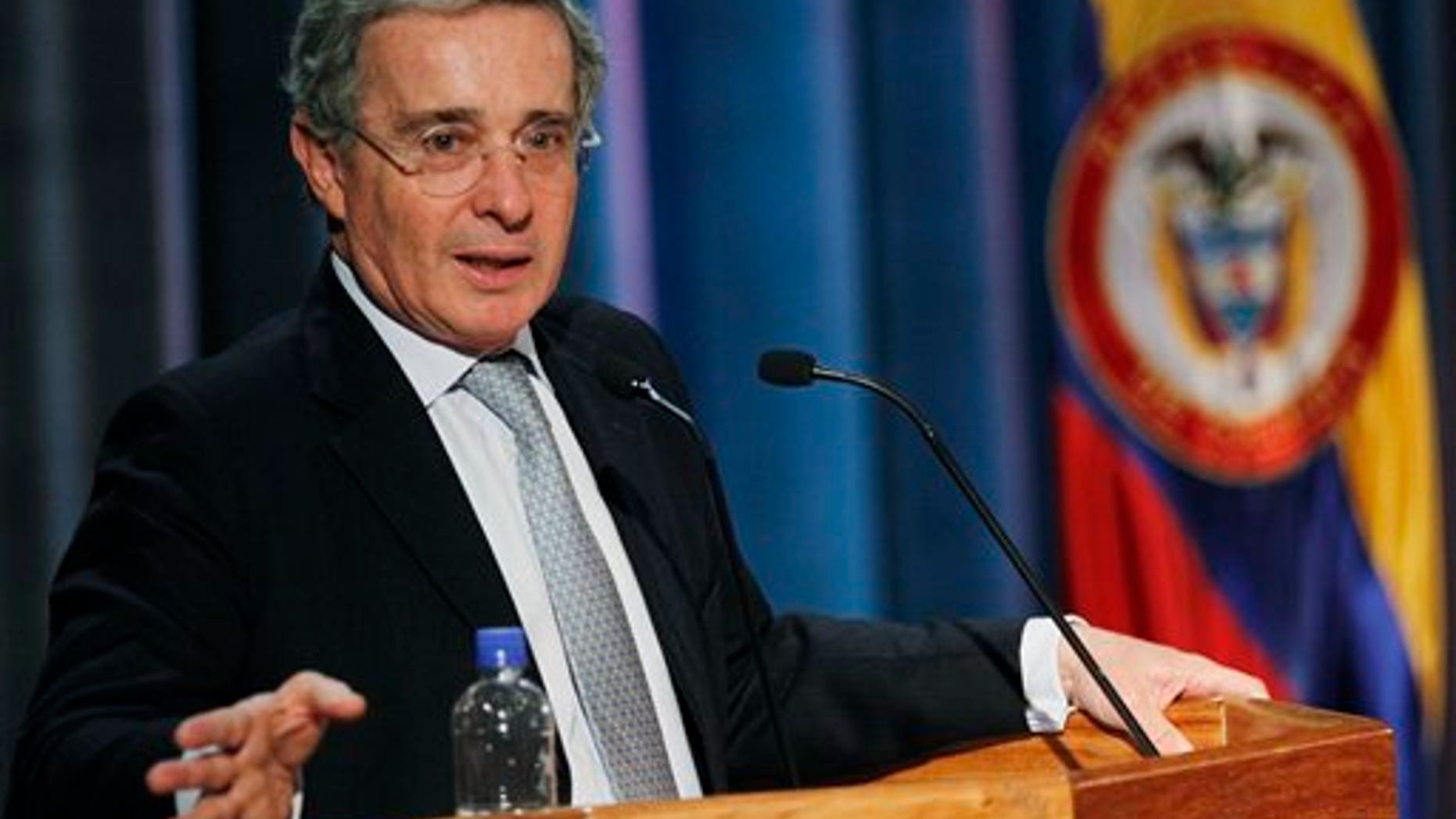 Alvaro Uribe at the Nueva Granada military university in Bogota, Colombia, on August 26, 2011.