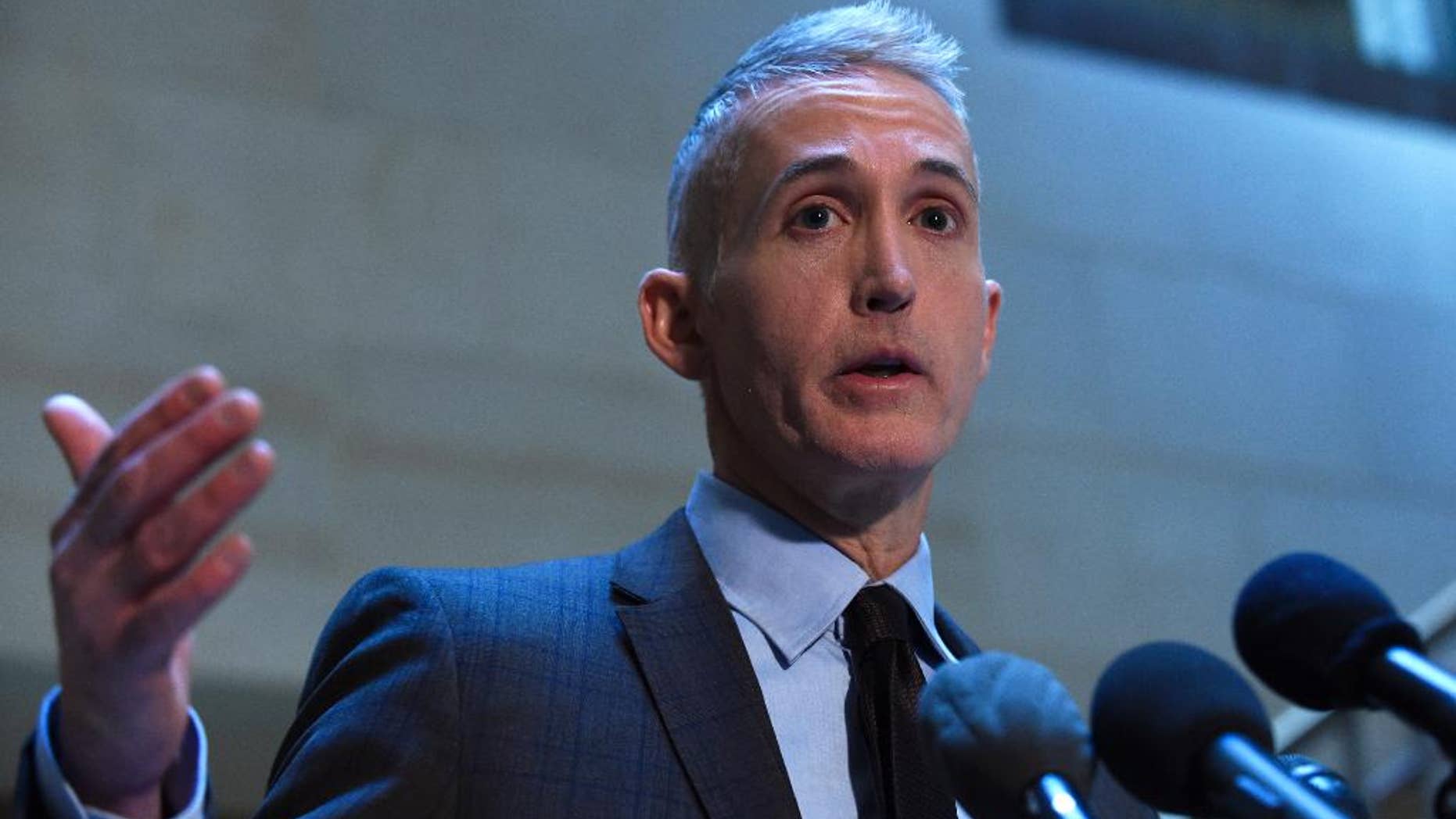 FILE - In this Jan. 6, 2016 file photo, House Benghazi Committee Chairman Rep. Trey Gowdy, R-S.C. speaks to reporters on Capitol Hill in Washington. It’s a question congressional investigators have long been seeking to answer: Could the military have reached the besieged diplomatic outpost in Benghazi, Libya, in time to prevent the killings of four Americans, including U.S. Ambassador Chris Stevens, the night of Sept. 11, 2012? Gowdy, echoing comments by his top lawyer, now says no. (AP Photo/Susan Walsh, File)
