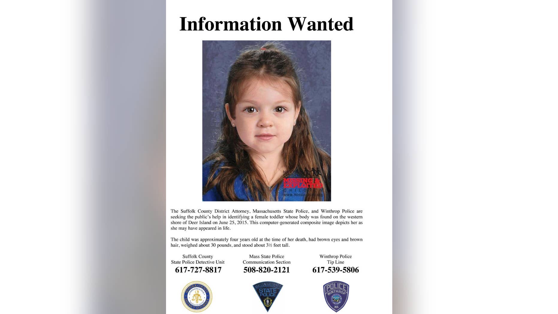 FILE - This undated flyer released Thursday, July 9, 2015, by the Suffolk County Massachusetts District Attorney includes a computer-generated composite image depicting the possible likeness of a young girl whose body was found on the shore of Deer Island in Boston Harbor on June 25, 2015. A law enforcement official told The Associated Press Friday, Sept. 18, 2015, that authorities have identified the little girl. (Suffolk County District Attorney via AP, File)