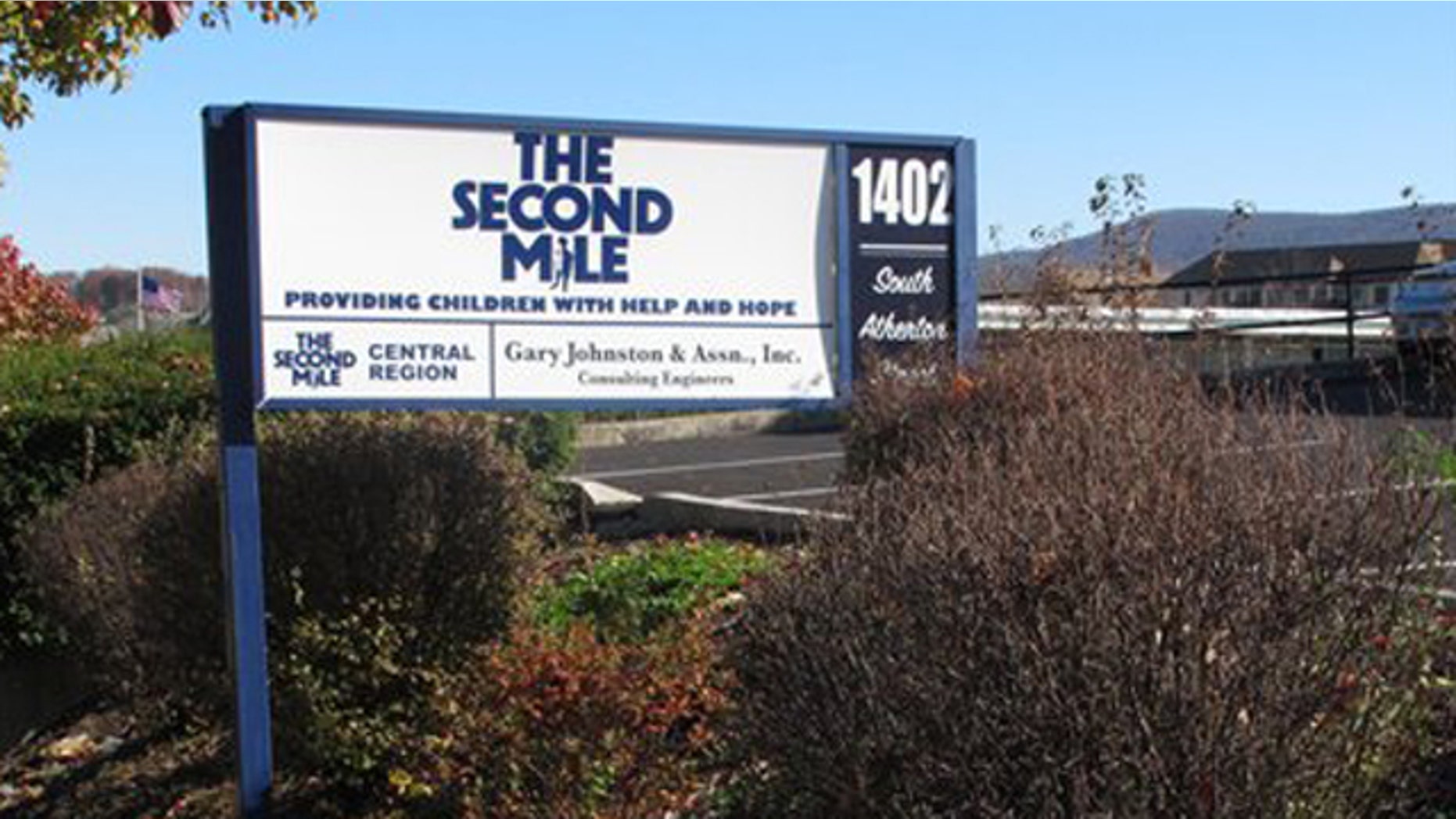 November 2, 2011: A sign for The Second Mile charity is seen outside the organization's headquarters in State College, Pa.